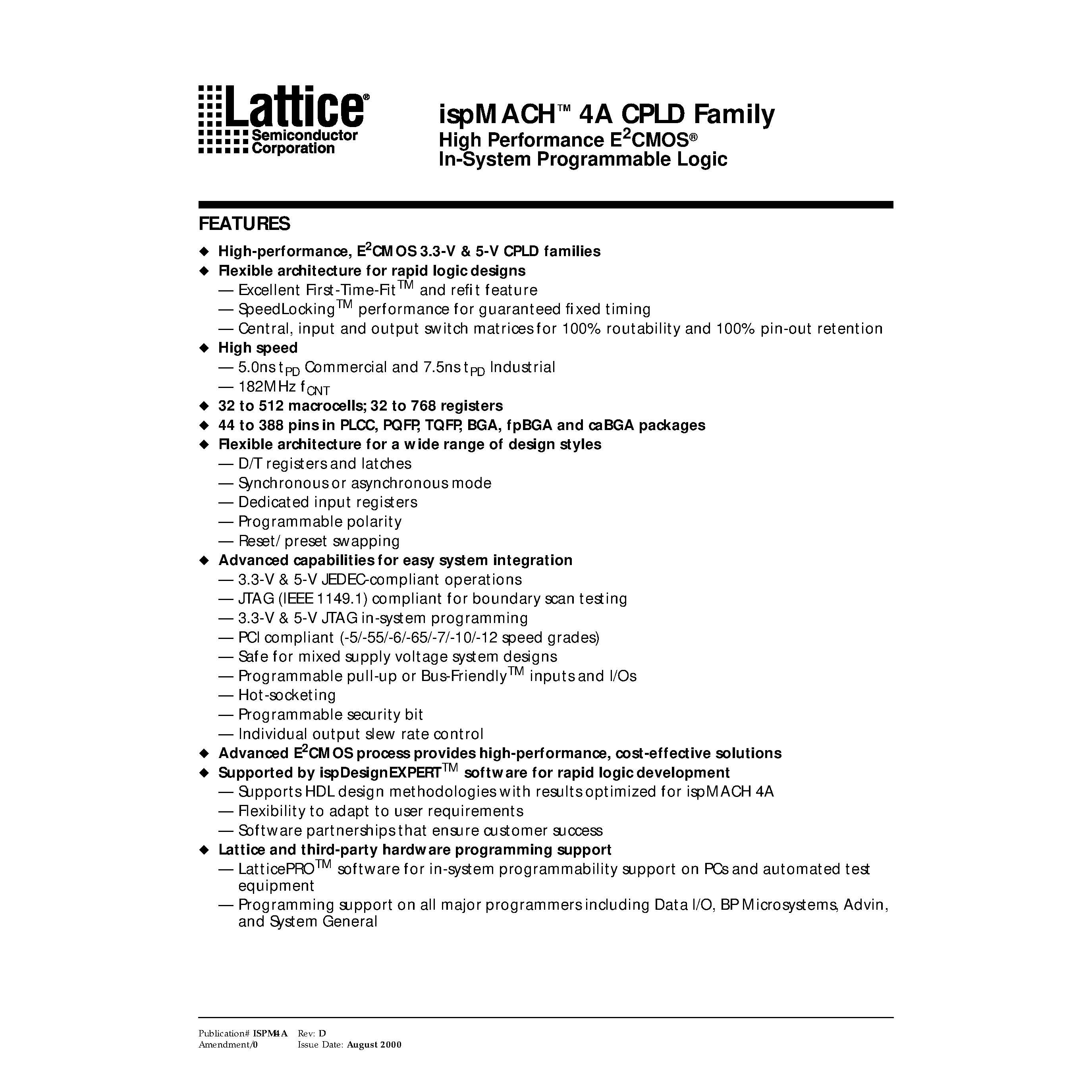 Datasheet ISPMACH4ACPLDFAMILY - High Performance E 2 CMOS In-System Programmable Logic page 1