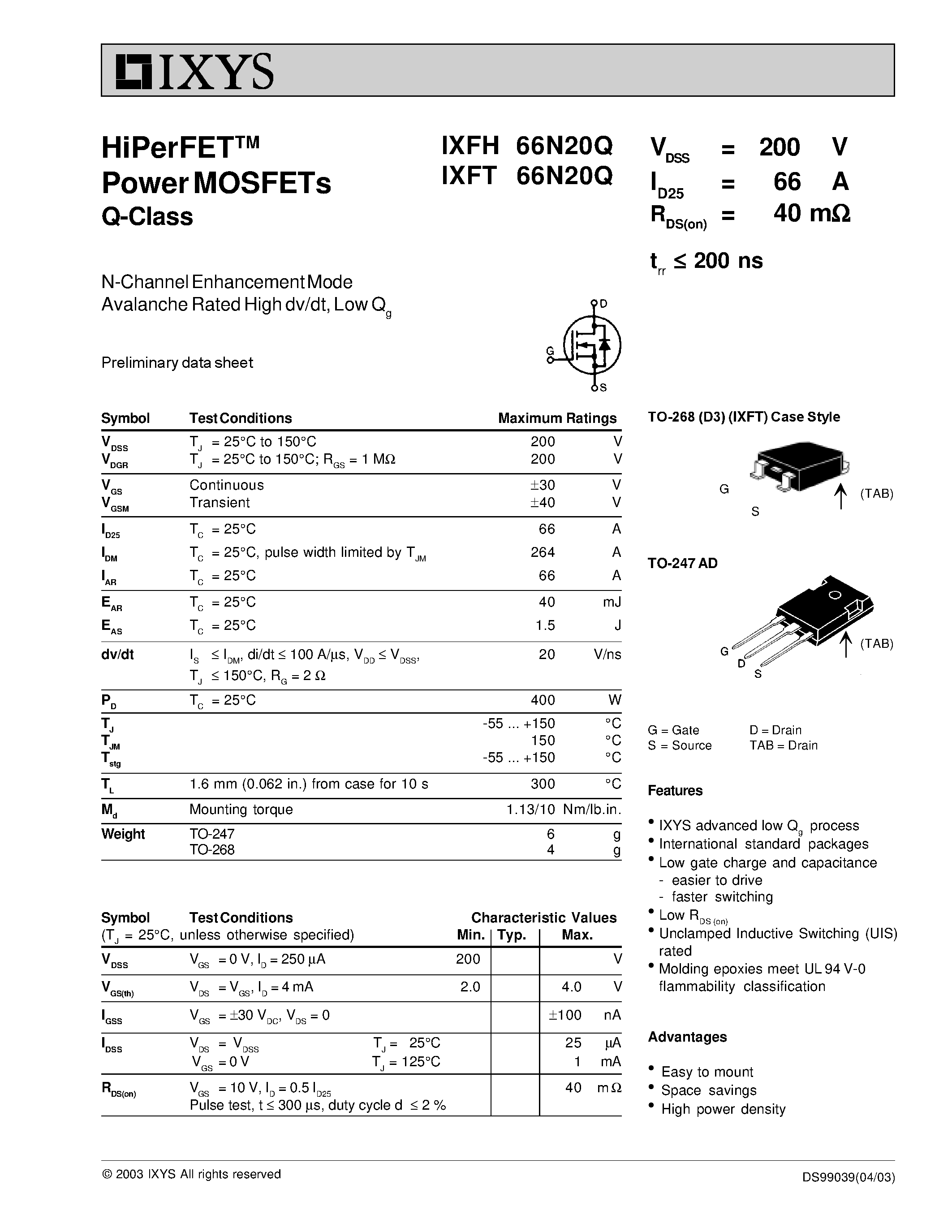 Datasheet IXFH66N20Q - HiPerFET Power MOSFETs Q-Class page 1