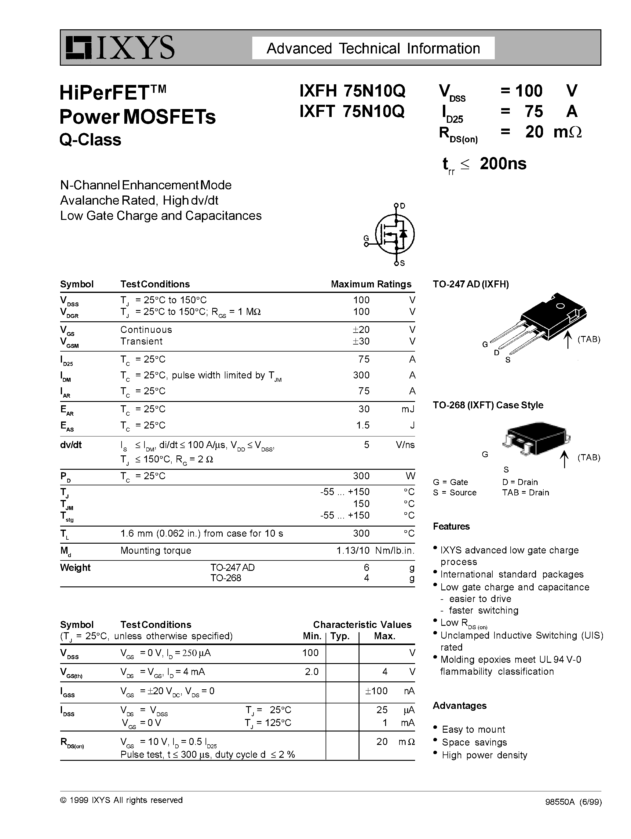 Datasheet IXFH75N10Q - HIPER FET POWER MOSFETS Q CLASS page 1