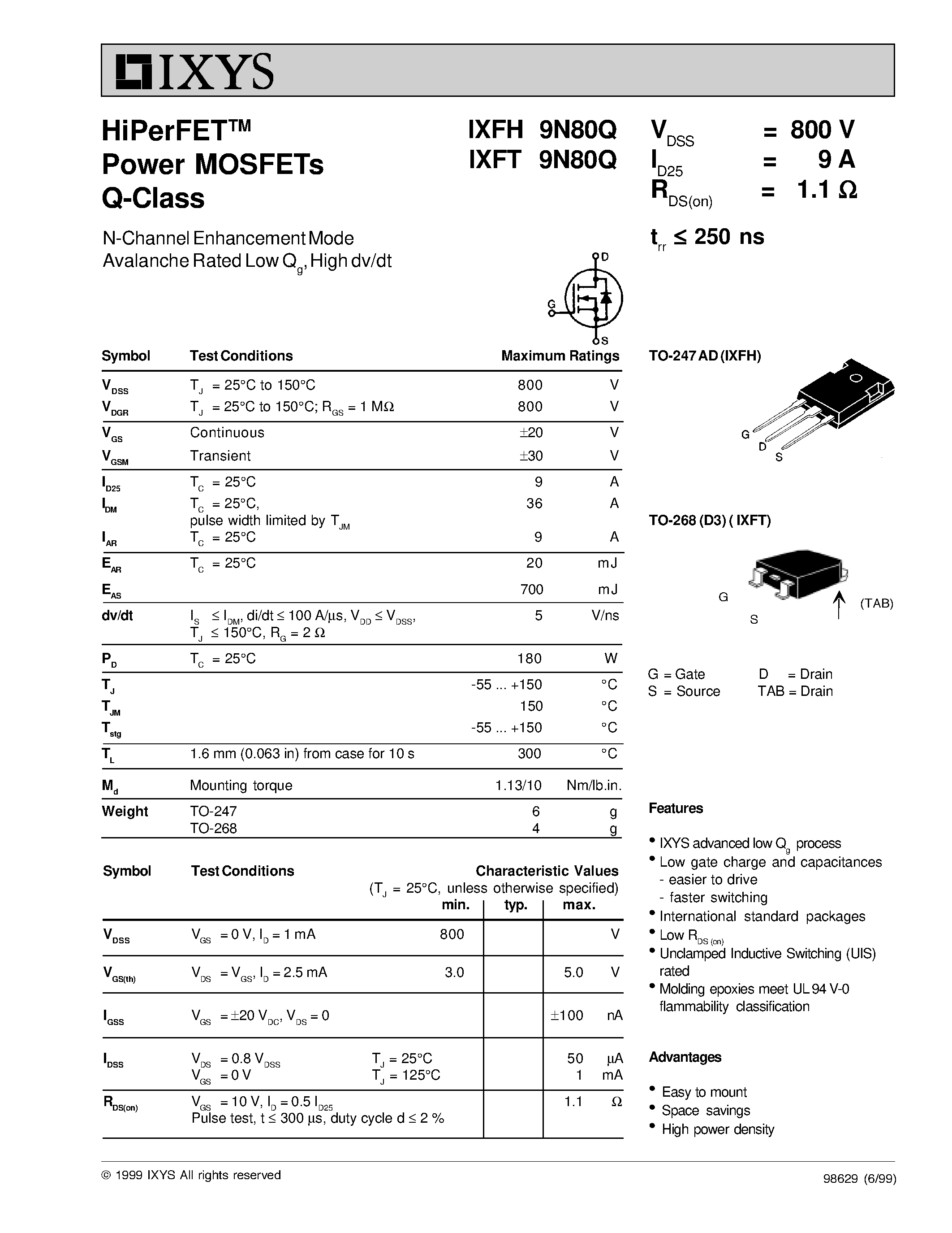 Datasheet IXFH9N80Q - HiPerFET Power MOSFETs Q-Class page 1