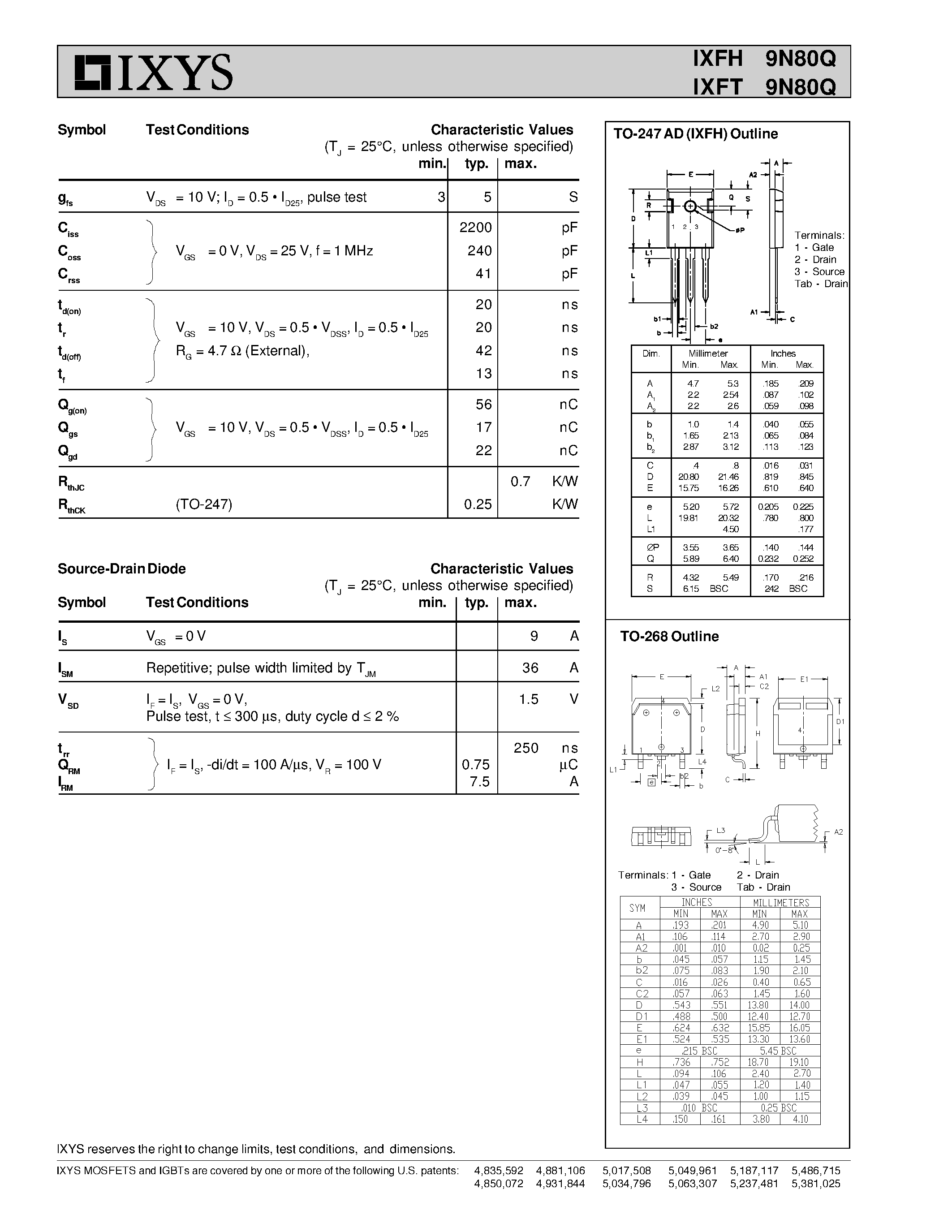 Datasheet IXFH9N80Q - HiPerFET Power MOSFETs Q-Class page 2