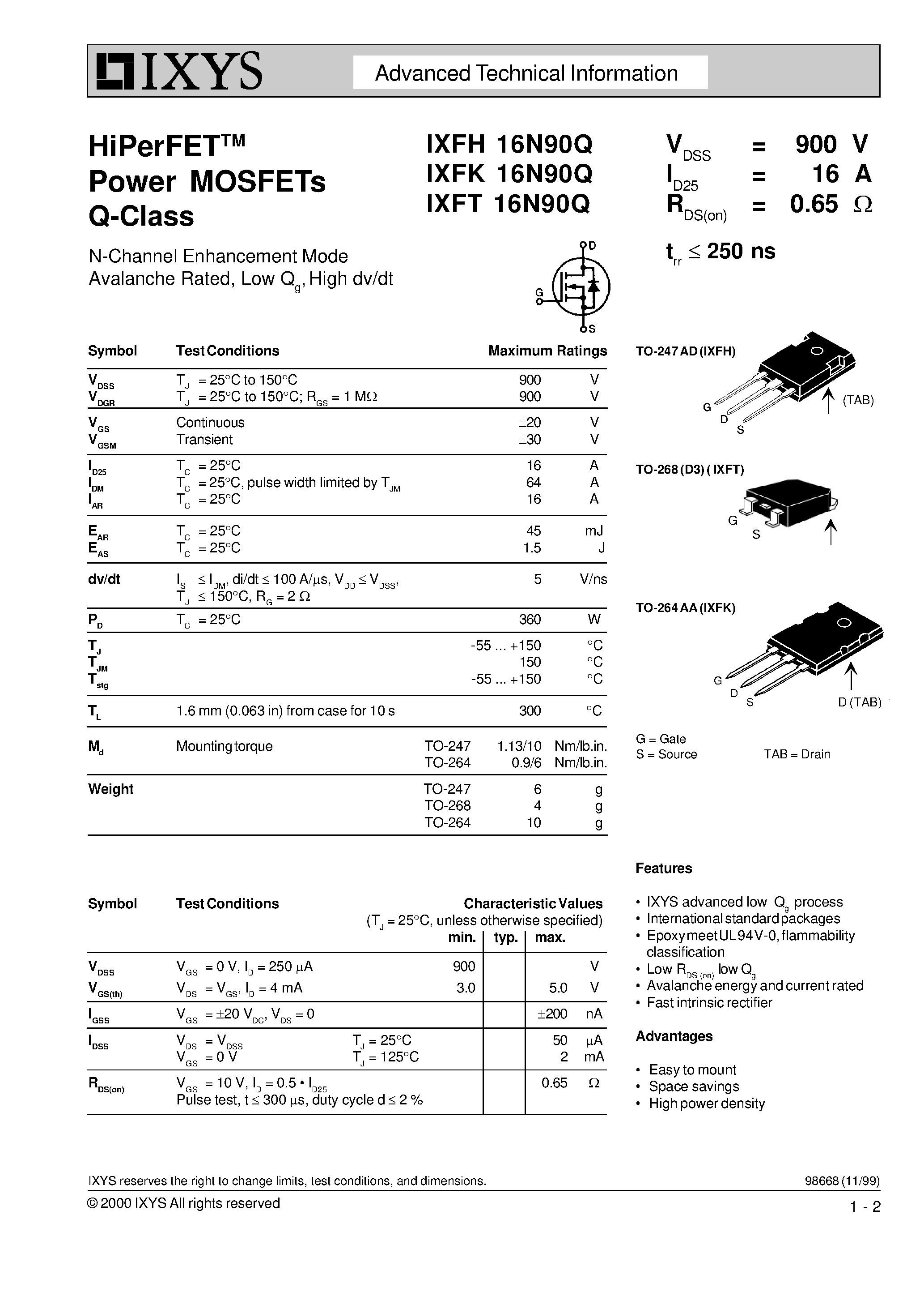 Datasheet IXFK16N90Q - HiPerFET Power MOSFETs Q-Class page 1