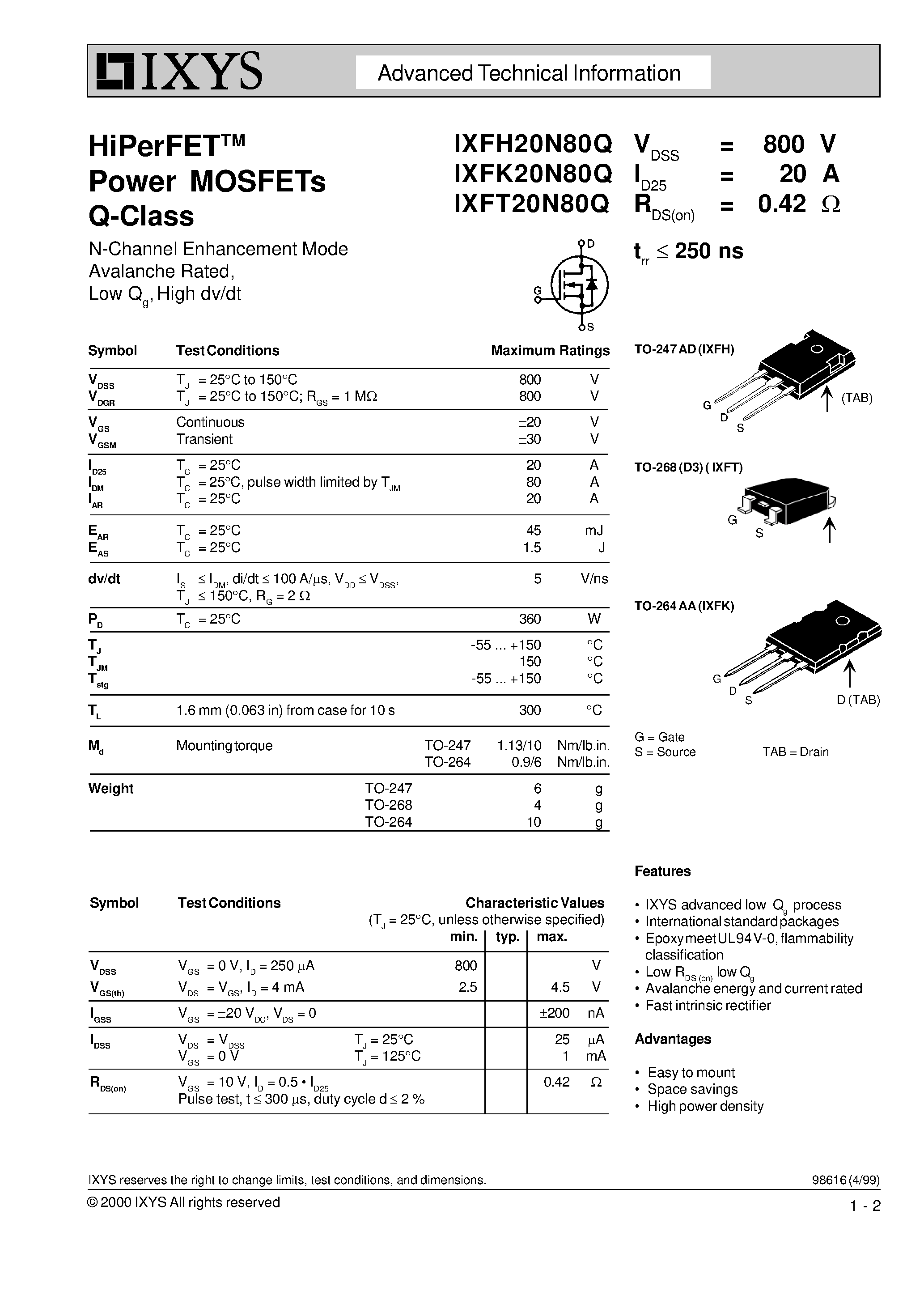 Datasheet IXFK20N80Q - HiPerFETTM Power MOSFETs Q-Class page 1