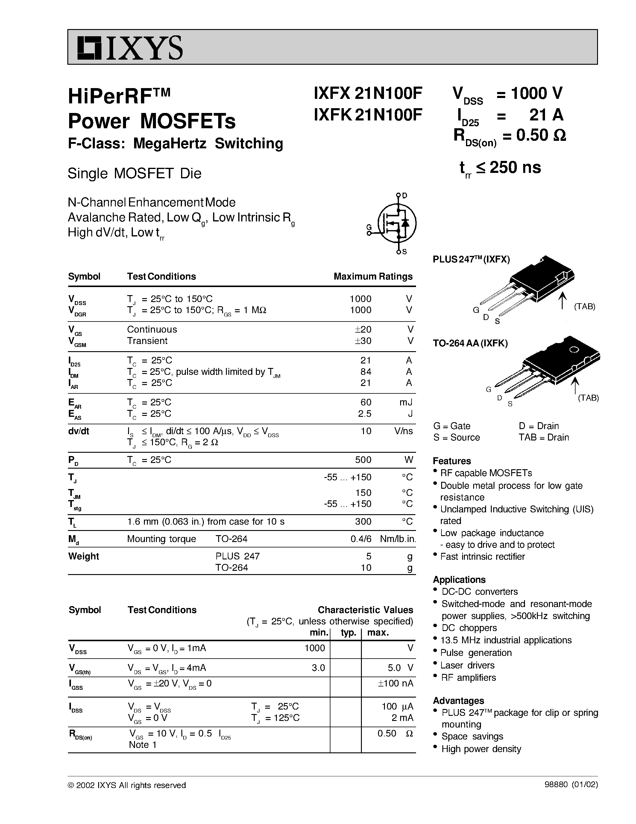 Даташит IXFK21N100F - HiPerRF Power MOSFETs F-Class: MegaHertz Switching страница 1