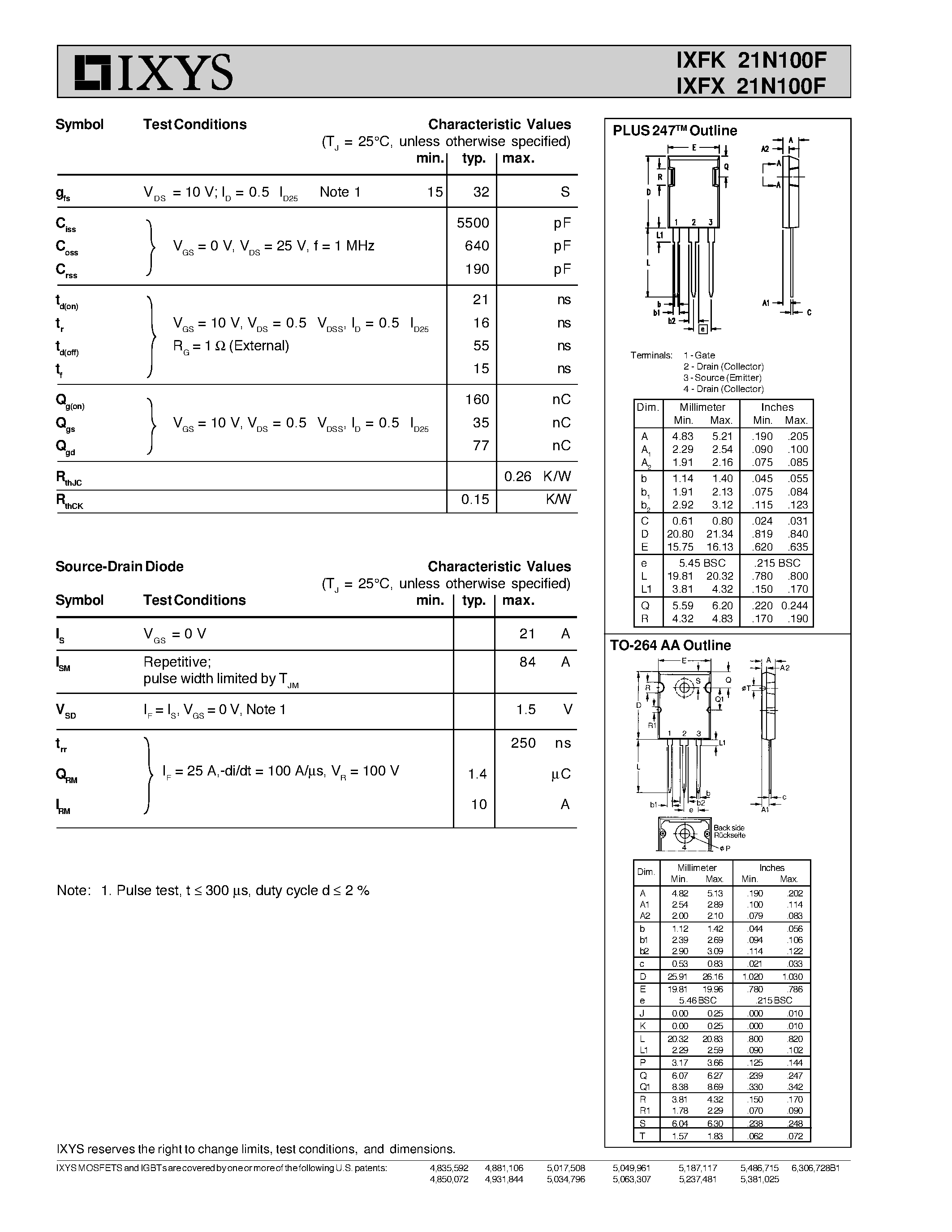 Даташит IXFK21N100F - HiPerRF Power MOSFETs F-Class: MegaHertz Switching страница 2