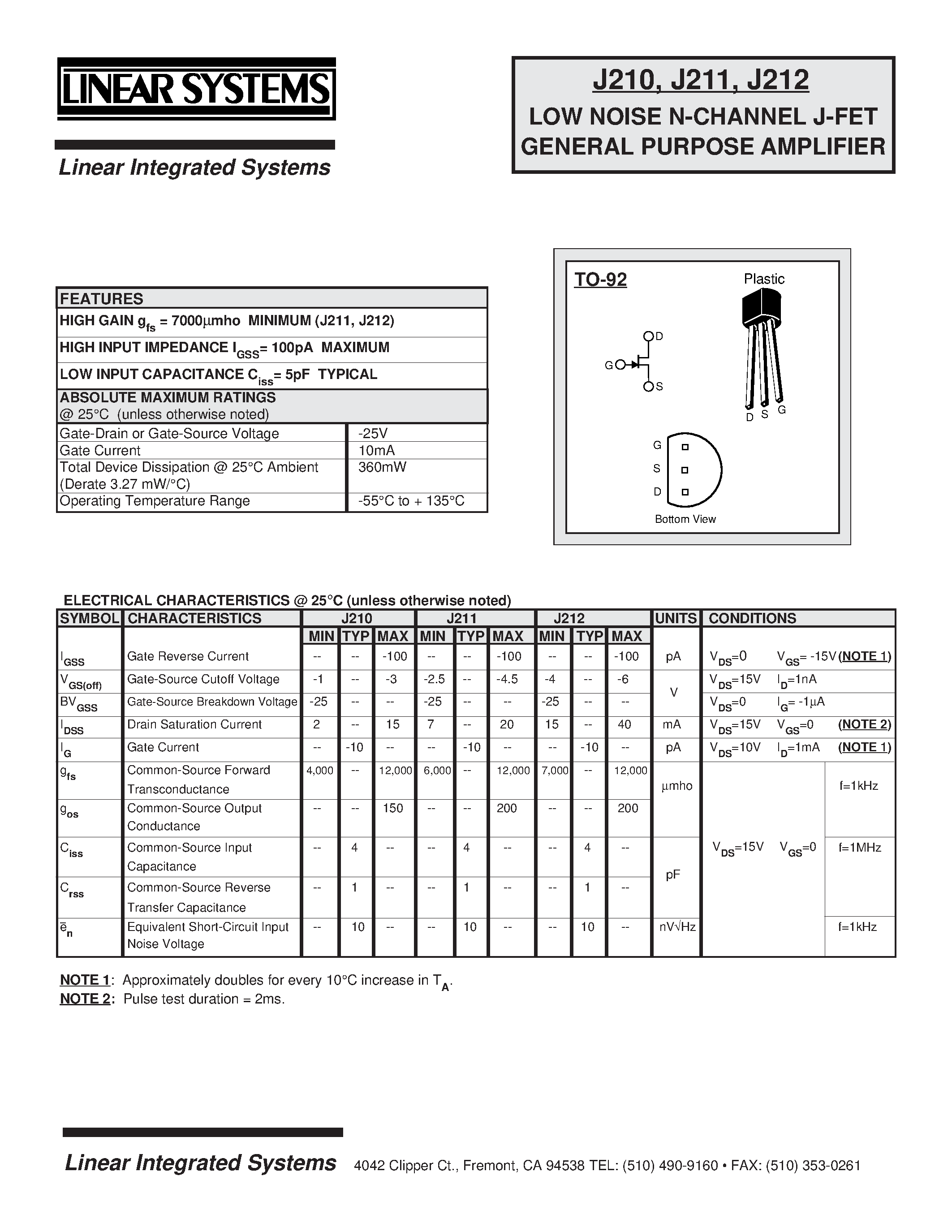 Даташит J211 - LOW NOISE N-CHANNEL J-FET GENERAL PURPOSE AMPLIFIER страница 1