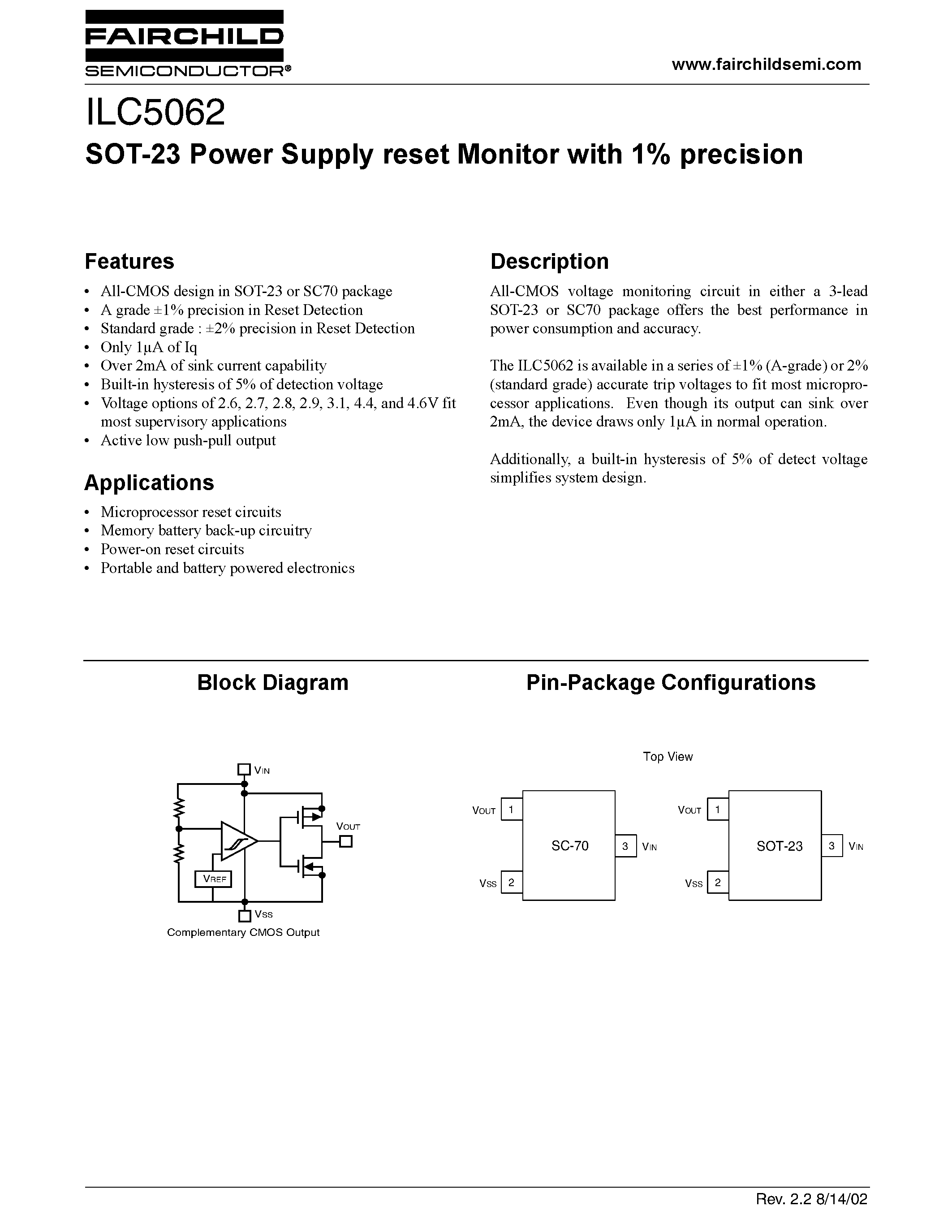 Даташит ILC5062 - SOT-23 Power Supply reset Monitor with 1% precision страница 1