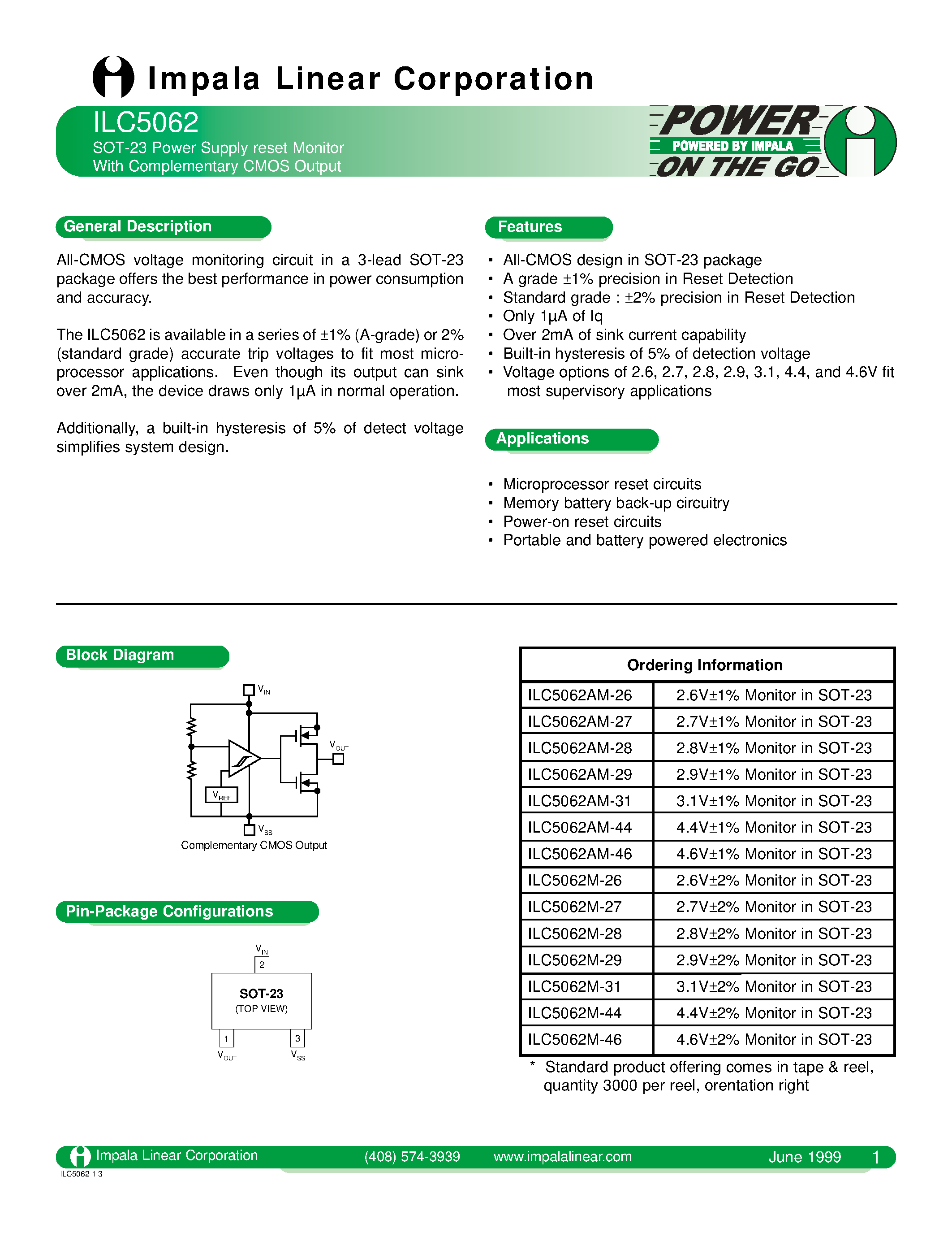 Даташит ILC5062 - ST-23 POWER SUPPLY RESET MONITOR WITH COMPLEMENTARY CMOS OUTPUT страница 1