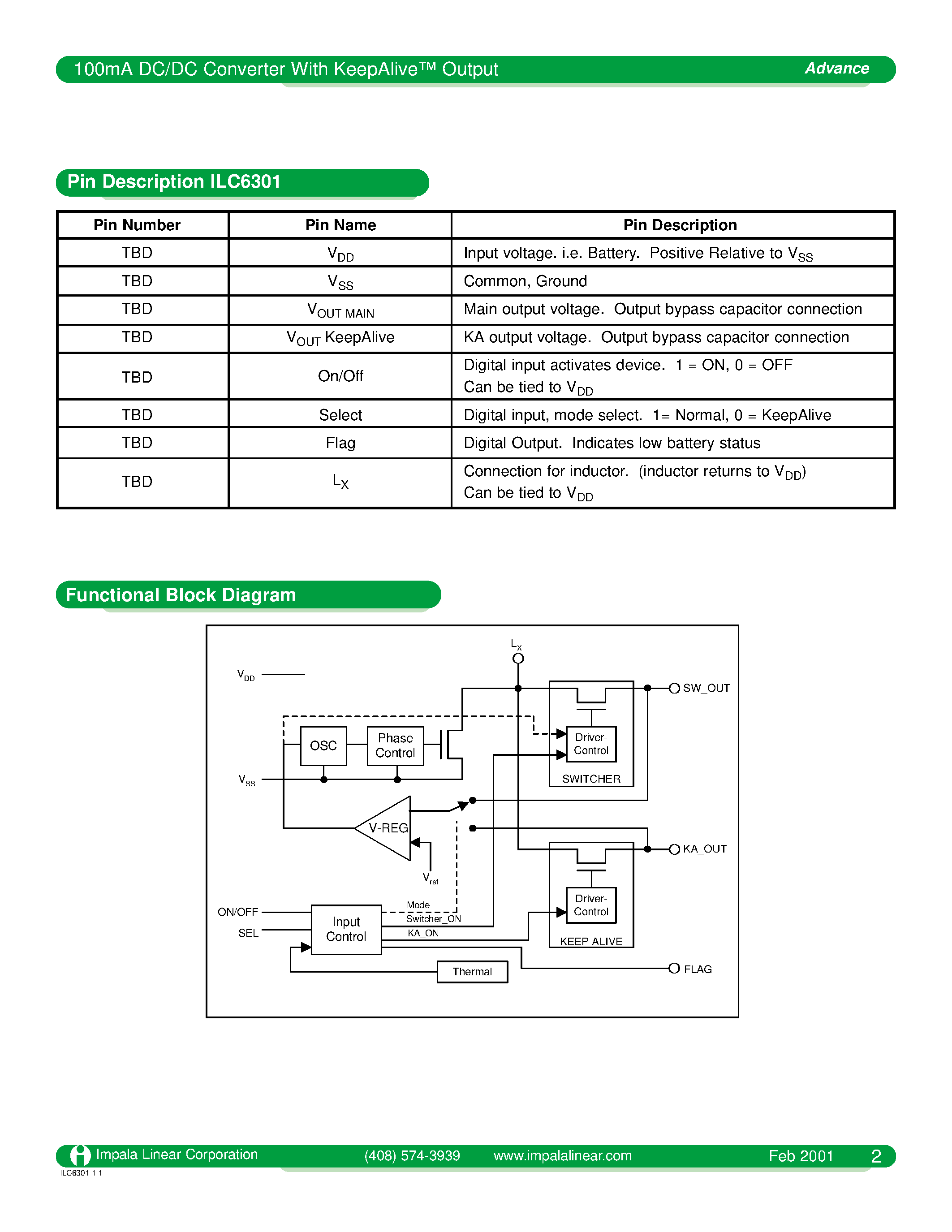 Даташит ILC6301 - 100mA DC/DC CONVERTER WITH KEEPALIVE OUTPUT страница 2