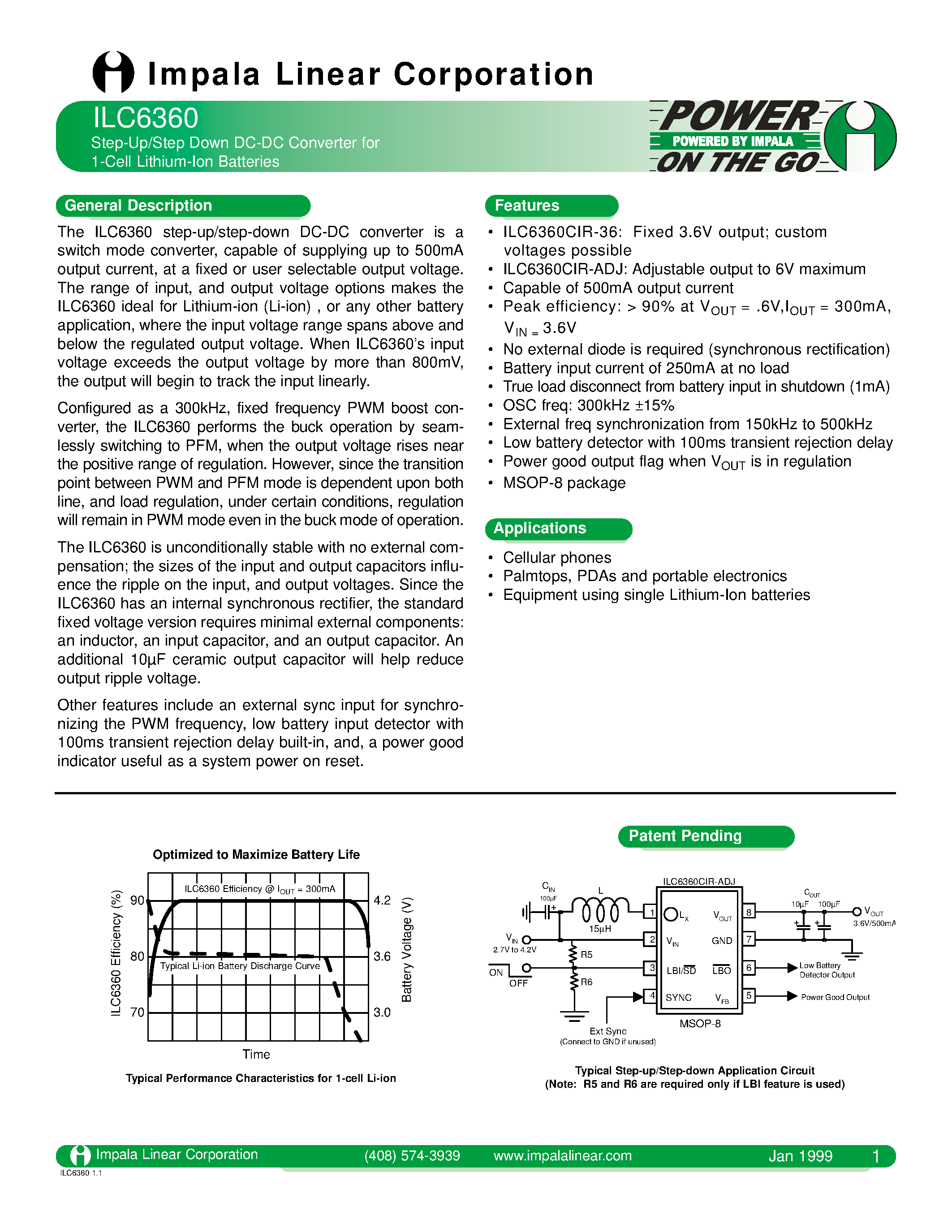 Даташит ILC6360 - STEP-UP/STEP DOWN DC-DC CONVERTER FOR 1-CELL LITHIUM-LON BATTERIES страница 1