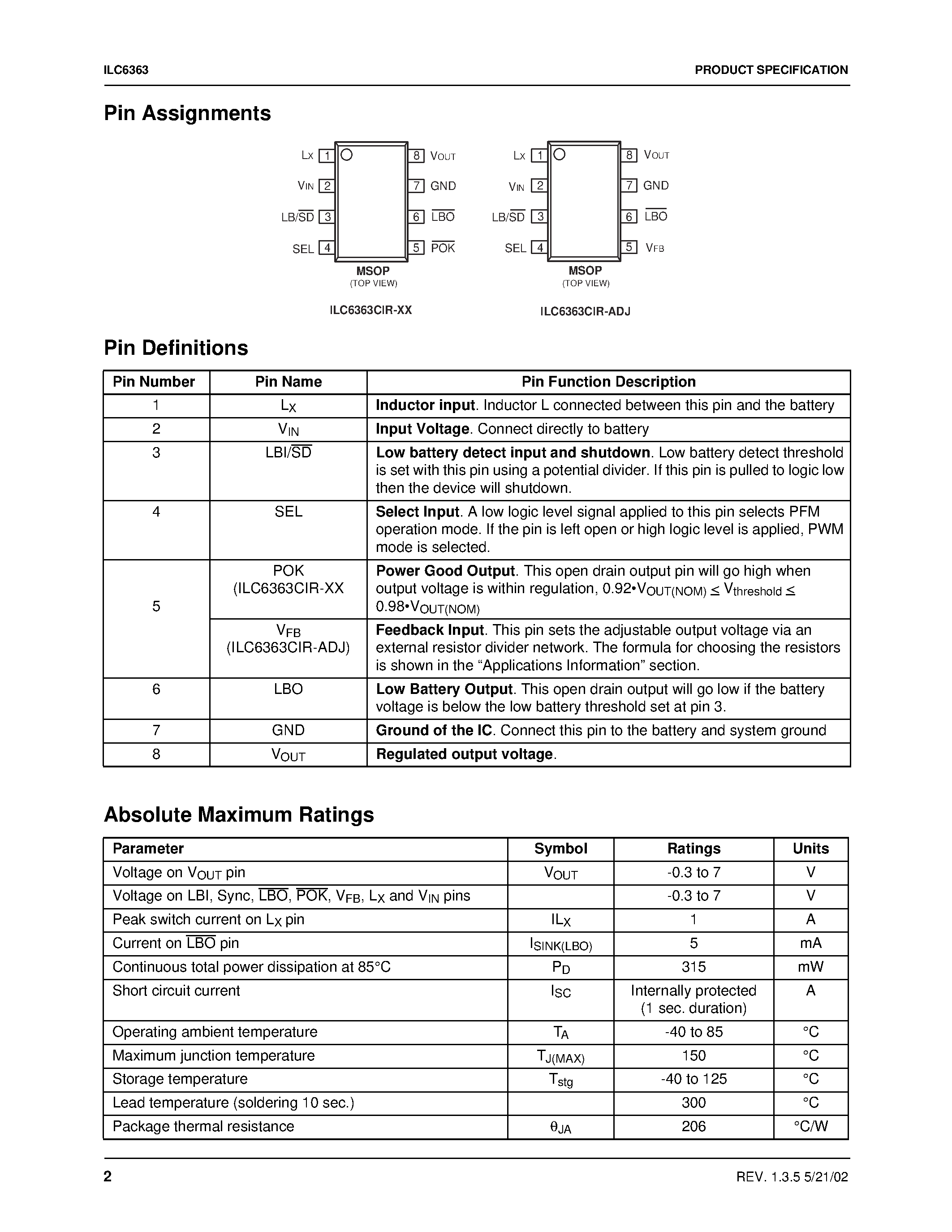 Даташит ILC6363 - Step-Up DC-DC Converter for One-Cell Lithium-Ion Batteries страница 2