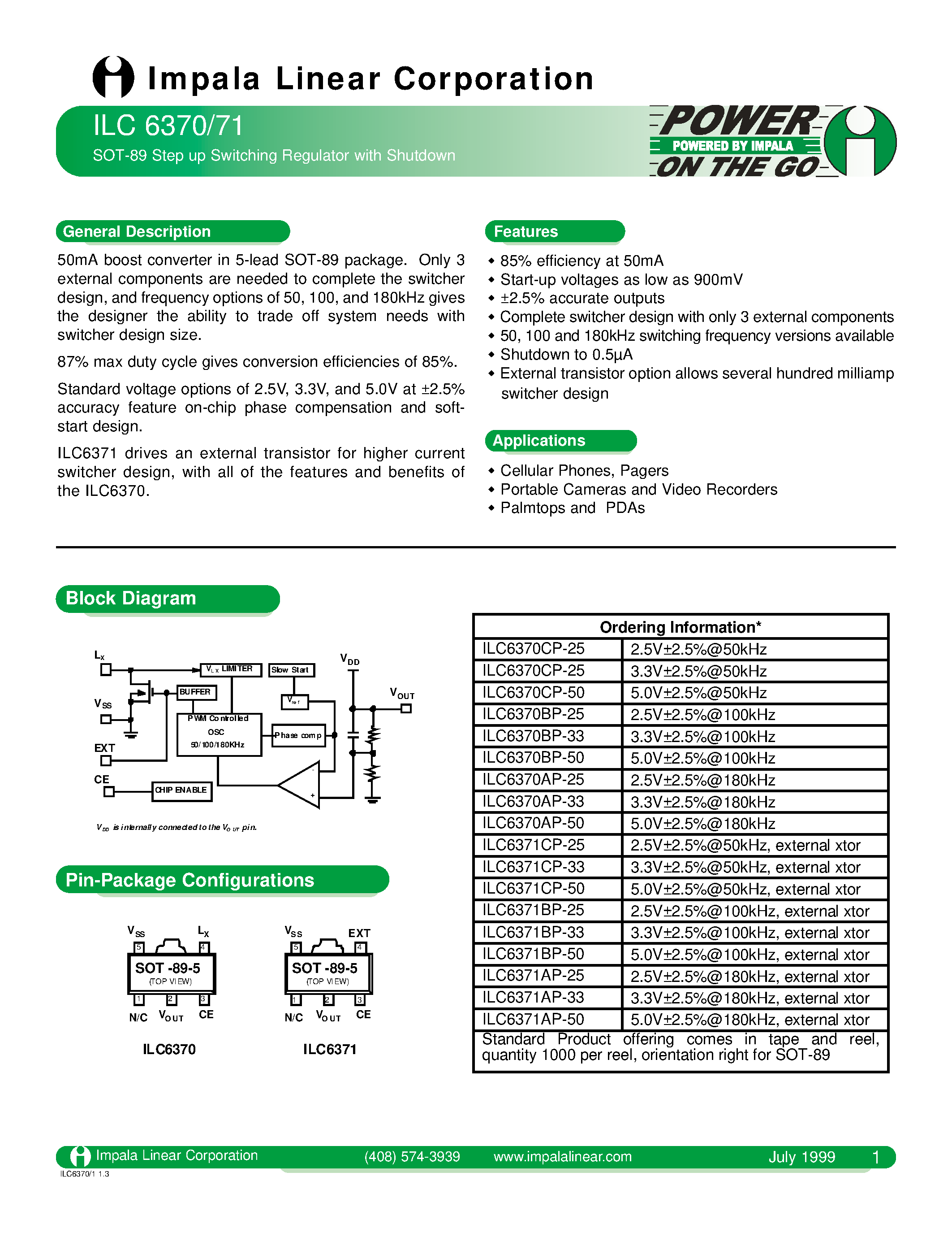 Даташит ILC6370 - SOT-89 STEP UP SWITCHING REGULATOR WITH SHUTDOWN страница 1