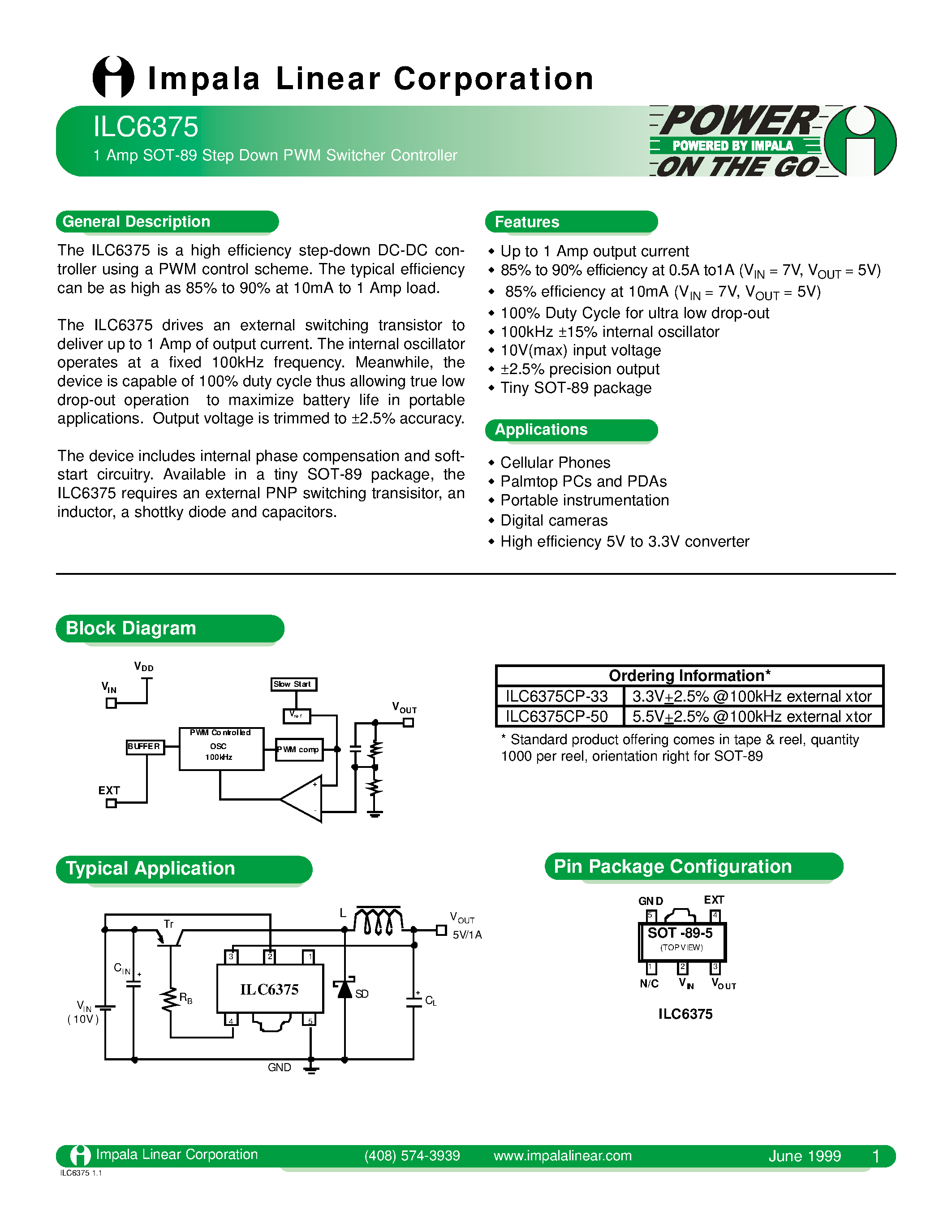 Даташит ILC6375 - 1 AMP SOT - 89 STEP DOWN PWM SWITCHER CONTROLLER страница 1