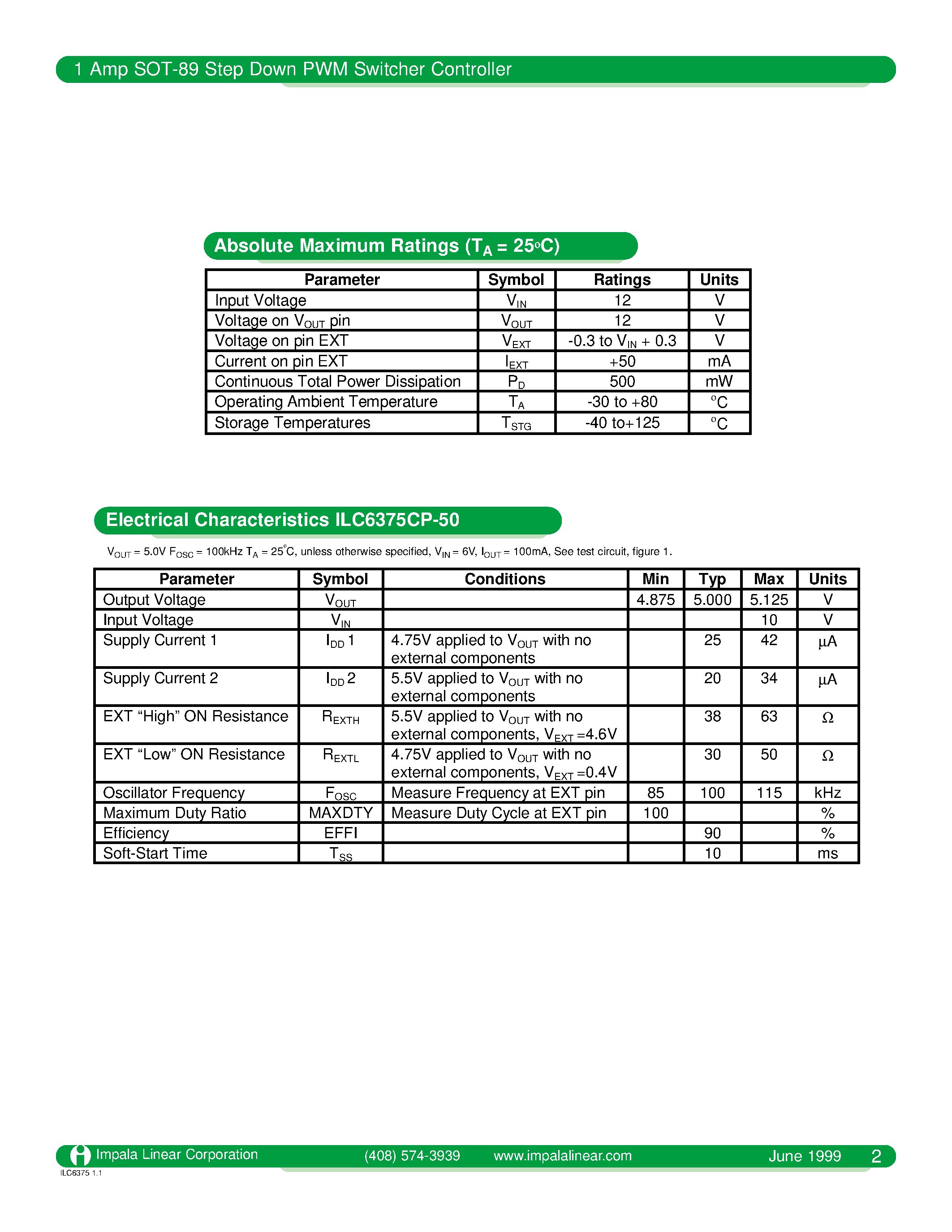Даташит ILC6375CP-50 - 1 AMP SOT - 89 STEP DOWN PWM SWITCHER CONTROLLER страница 2