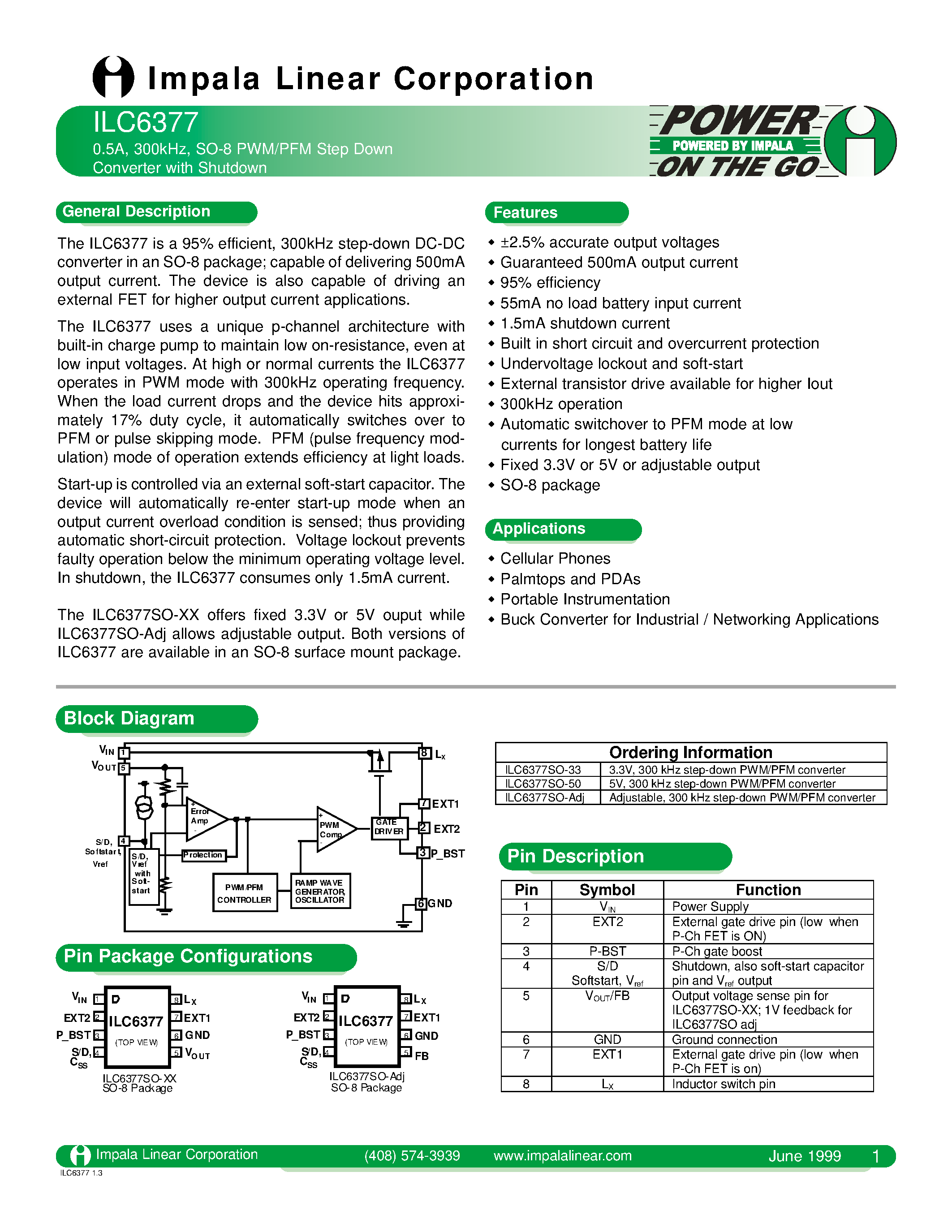 Даташит ILC6377 - 0.5A/ 300KHZ/ SO-8 PWM/PFM STEP DOWN CONVERTER WITH SHUTDOWN страница 1