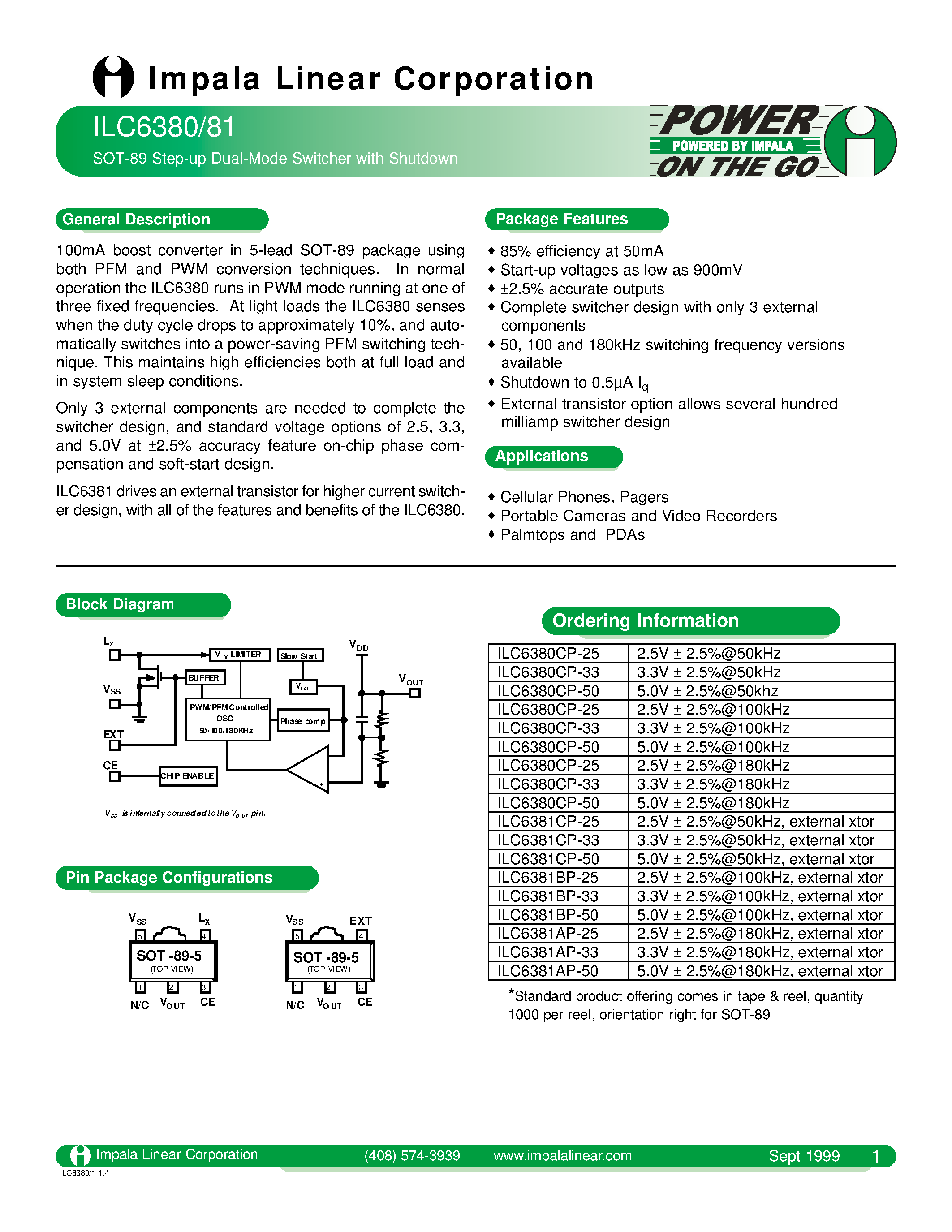 Даташит ILC6380 - SOT-89 STEP-UP DUAL-MODE SWITCHER WITH SHUTDOWN страница 1