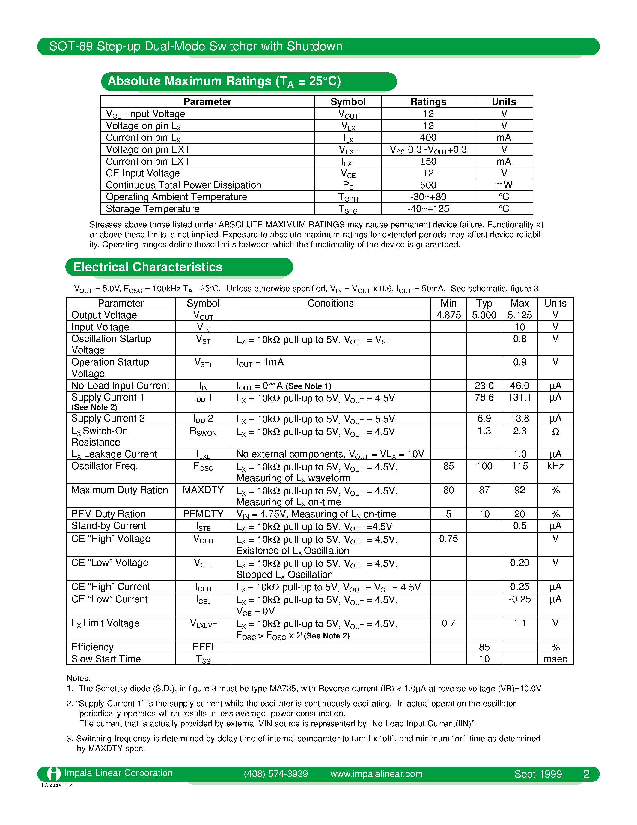 Даташит ILC6380 - SOT-89 STEP-UP DUAL-MODE SWITCHER WITH SHUTDOWN страница 2