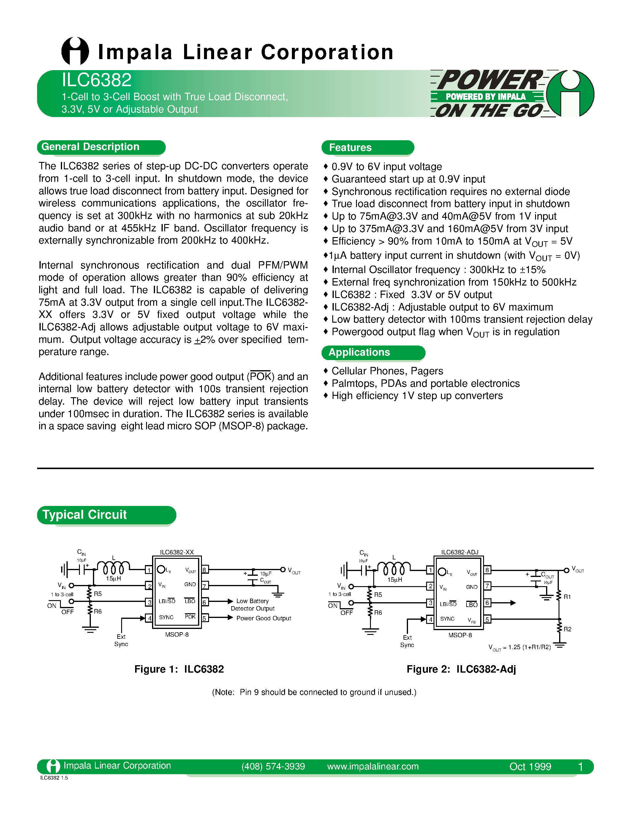 Даташит ILC6382 - 1-CELL TO 3-CELL BOOST WITH TRUE LOAD DISCONNECT/ 3.3V/ 5V OR ADJUSTABLE OUTPUT страница 1