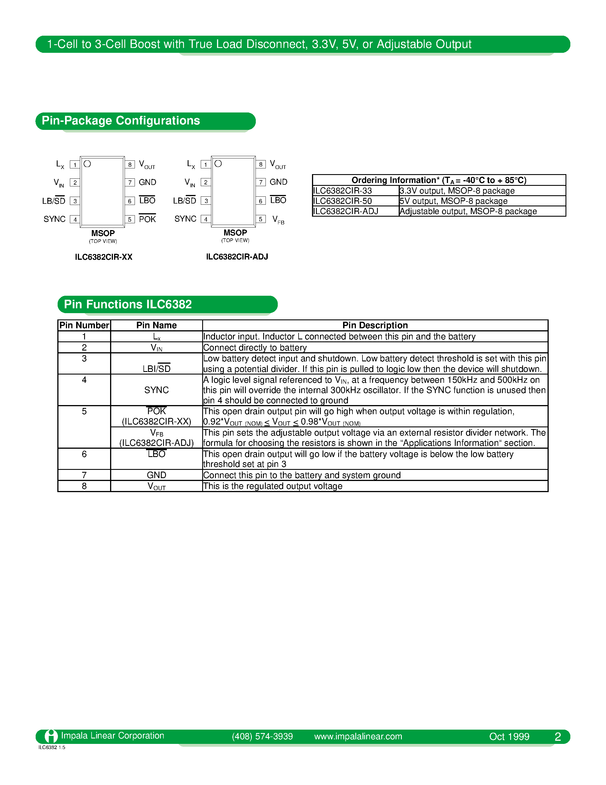 Даташит ILC6382 - 1-CELL TO 3-CELL BOOST WITH TRUE LOAD DISCONNECT/ 3.3V/ 5V OR ADJUSTABLE OUTPUT страница 2