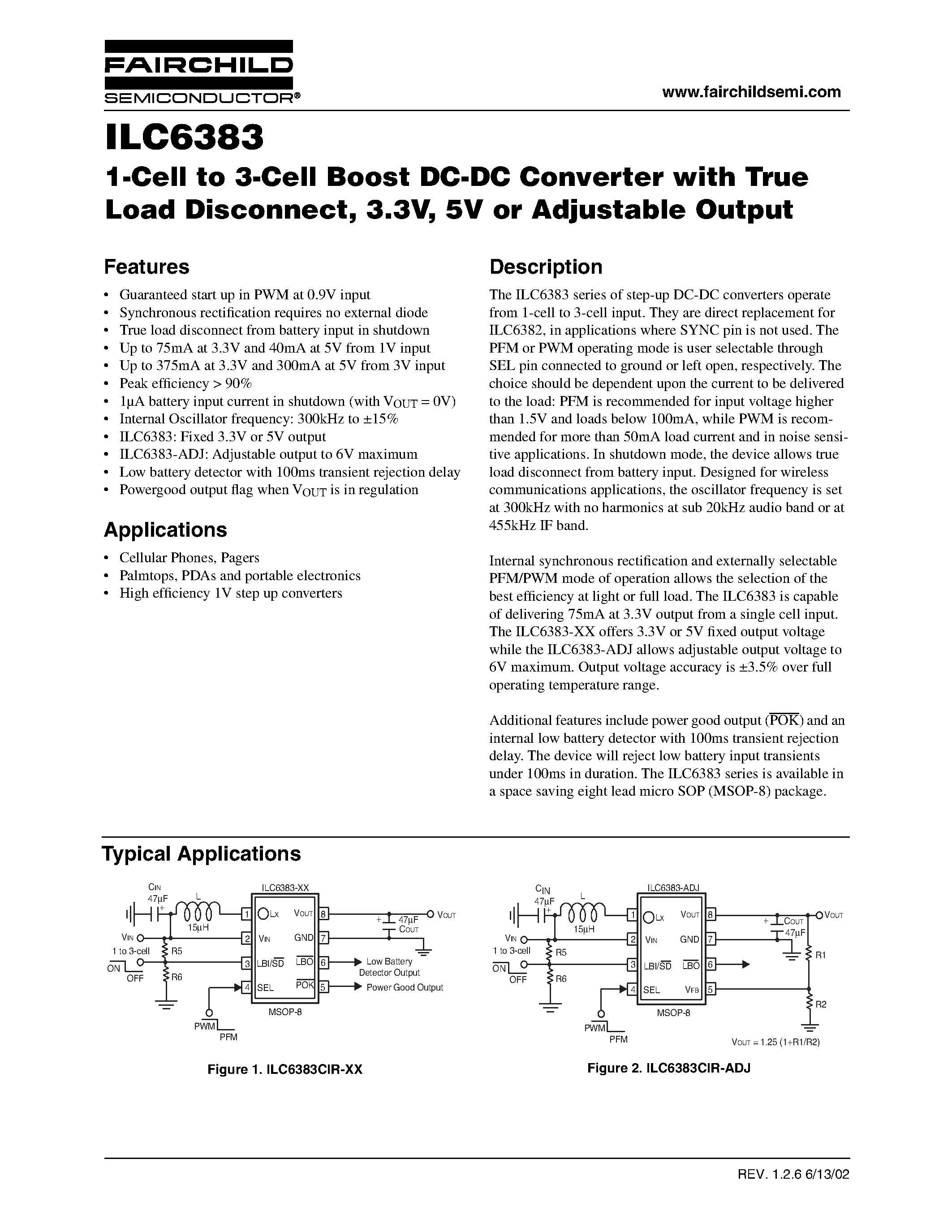 Даташит ILC6383 - 1-Cell to 3-Cell Boost DC-DC Converter with True Load Disconnect/ 3.3V/ 5V or Adjustable Output страница 1