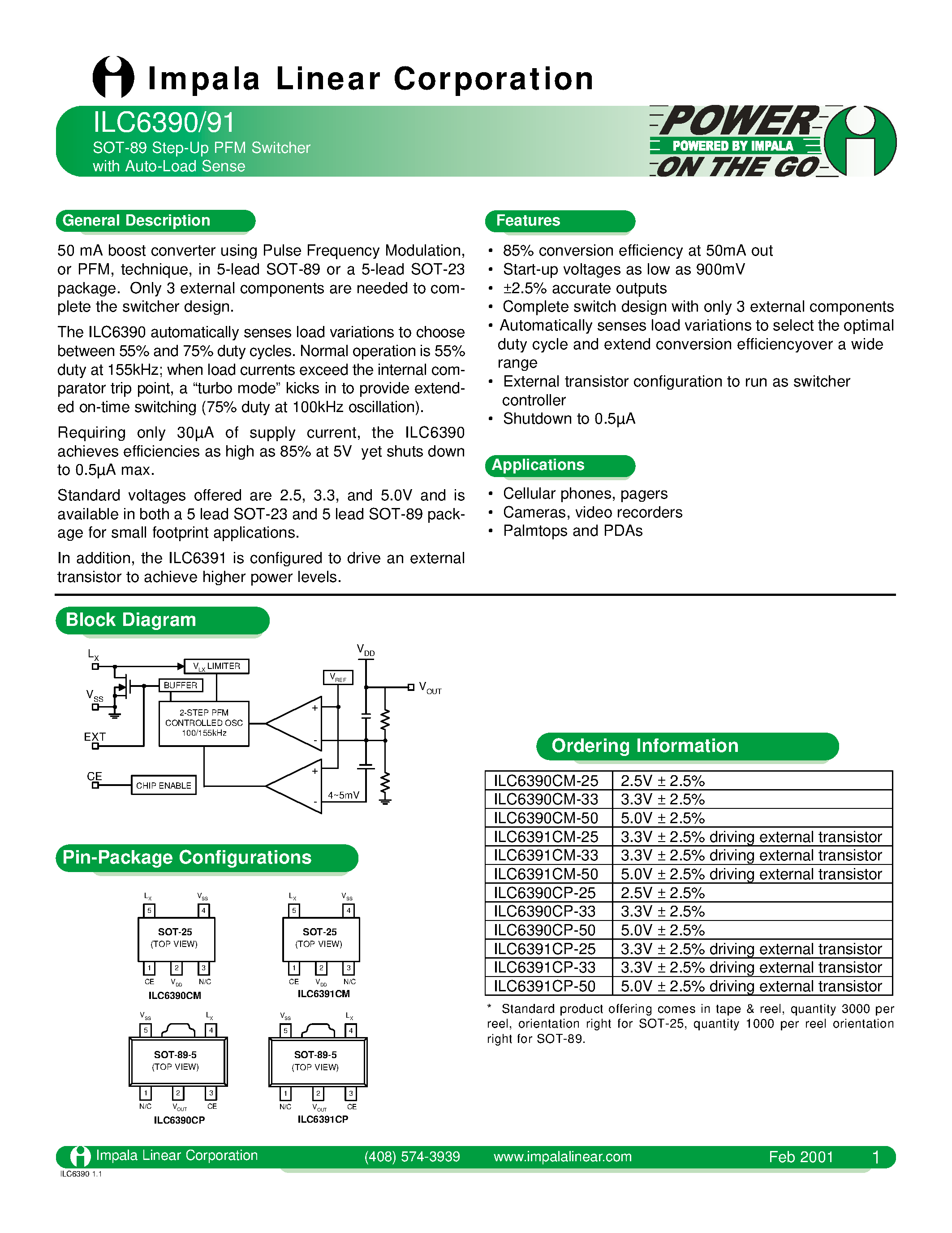 Даташит ILC6390 - SOT-89 STEP-UP PFM SWITCHER WITH AUTO-LOAD SENSE страница 1