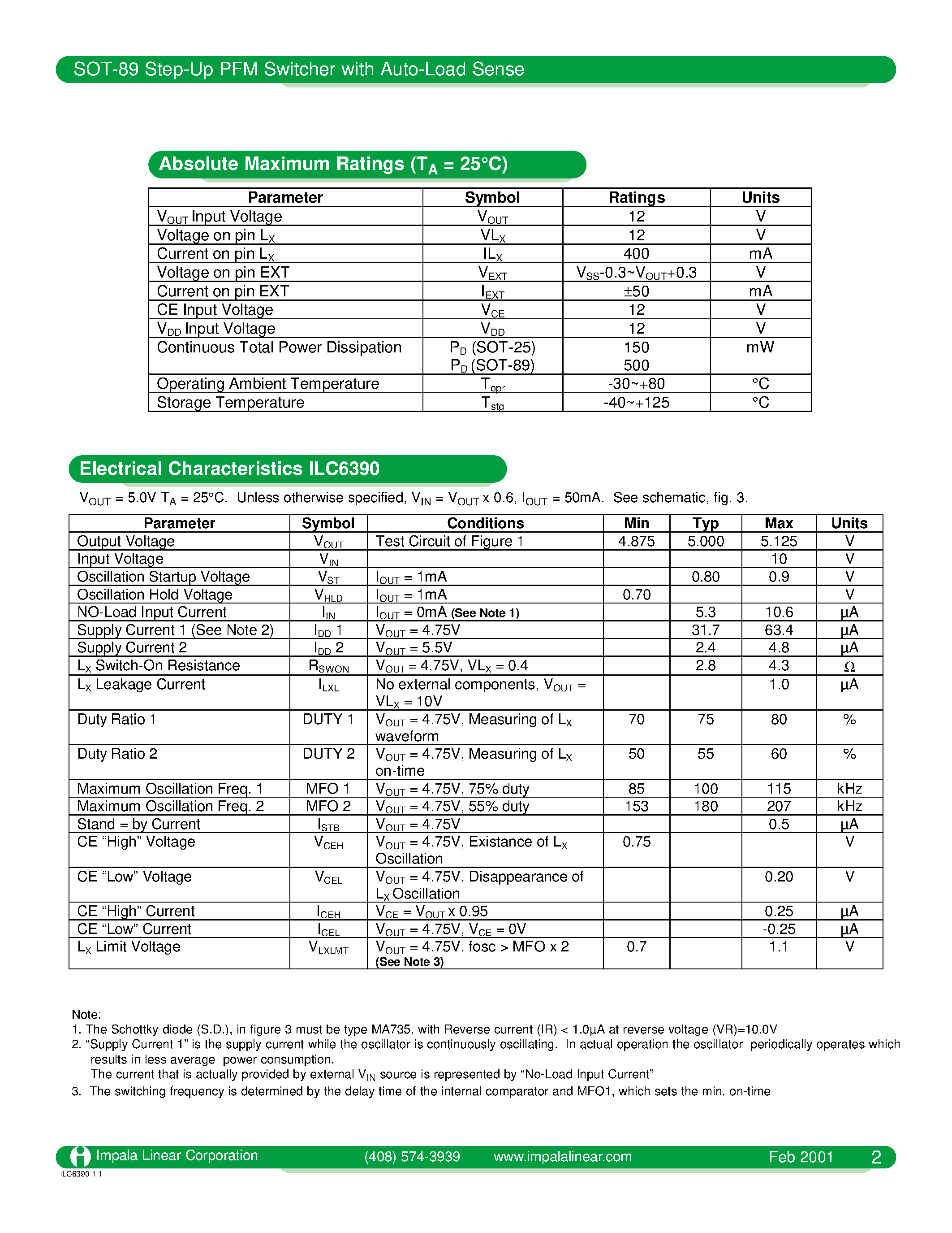 Даташит ILC6390 - SOT-89 STEP-UP PFM SWITCHER WITH AUTO-LOAD SENSE страница 2