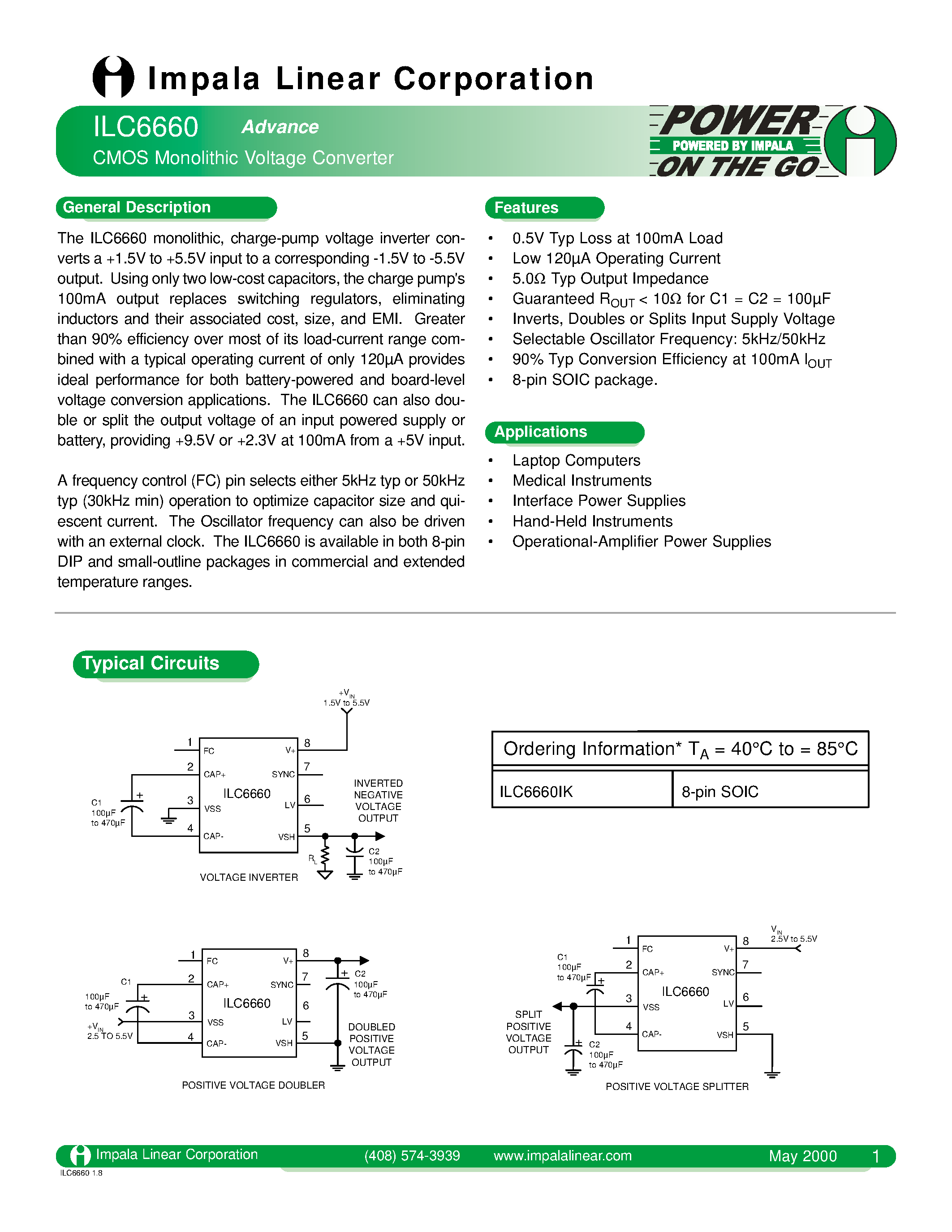 Даташит ILC6660 - CMOS MONOLITHIC VOLTAGE CONVERTER страница 1