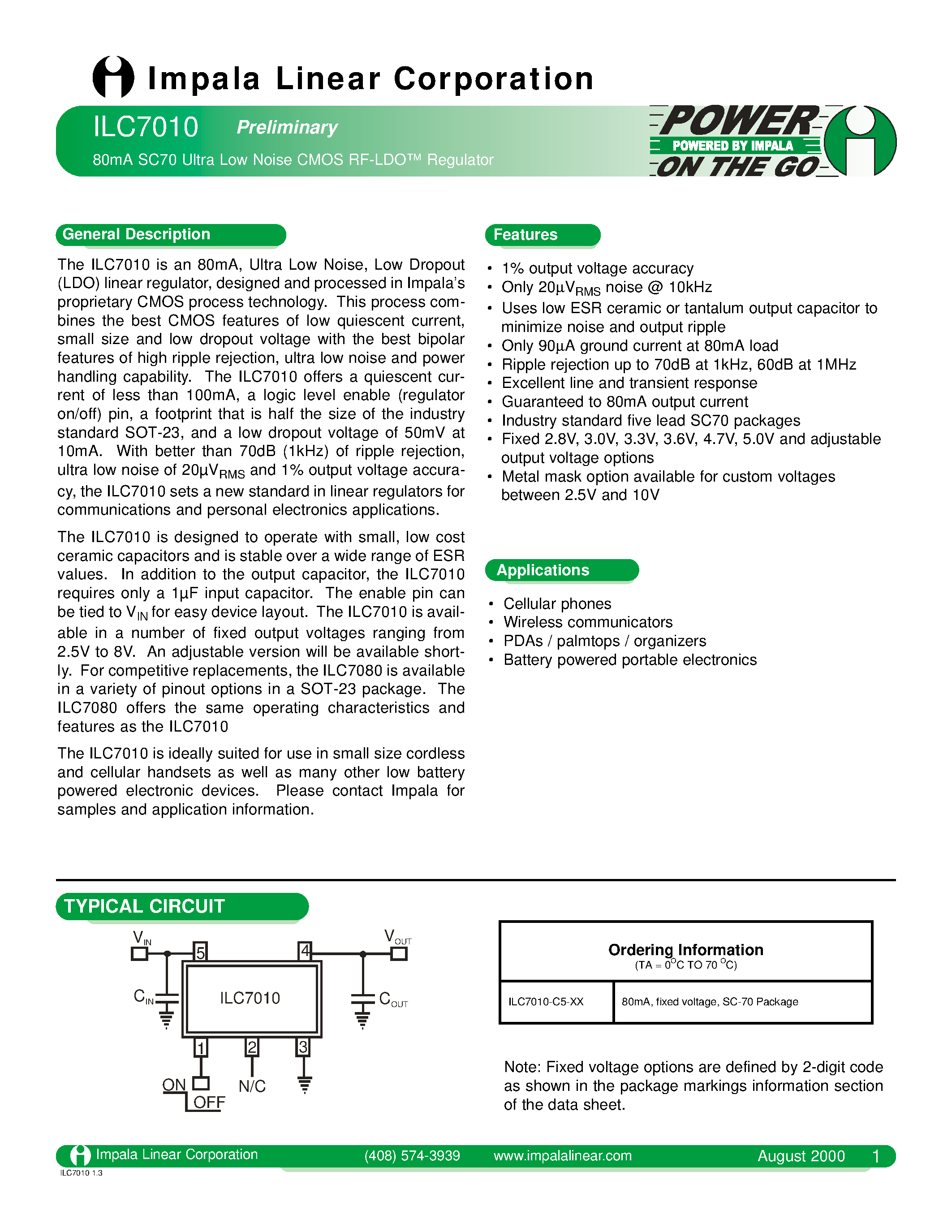 Datasheet ILC7010 - 80MA SC70 ULTRA LOW NOISE CMOS RF-LDO REGULATOR page 1