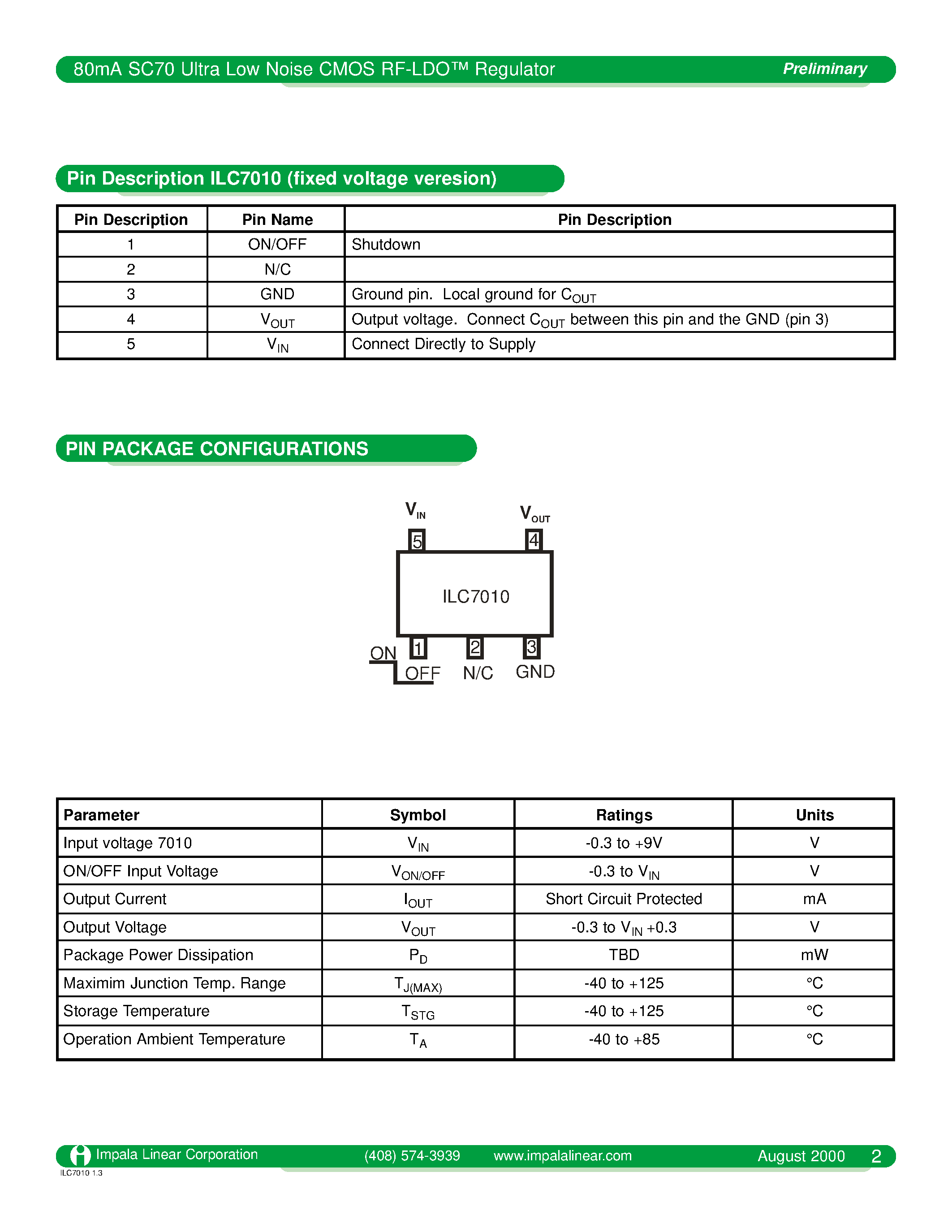 Datasheet ILC7010C5-28 - 80MA SC70 ULTRA LOW NOISE CMOS RF-LDO REGULATOR page 2