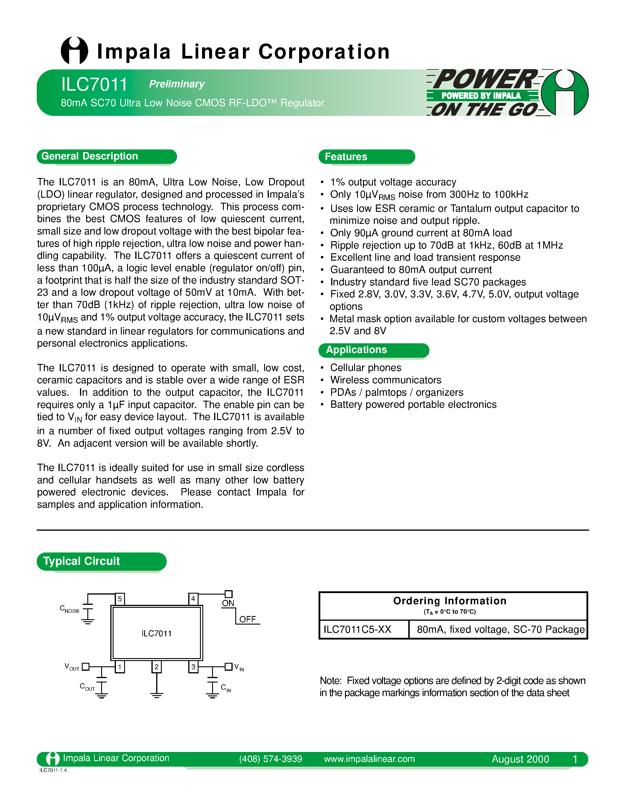 Datasheet ILC7011 - 80mA SC70 Ultra Low Noise CMOS RF-LDO Regulator page 1