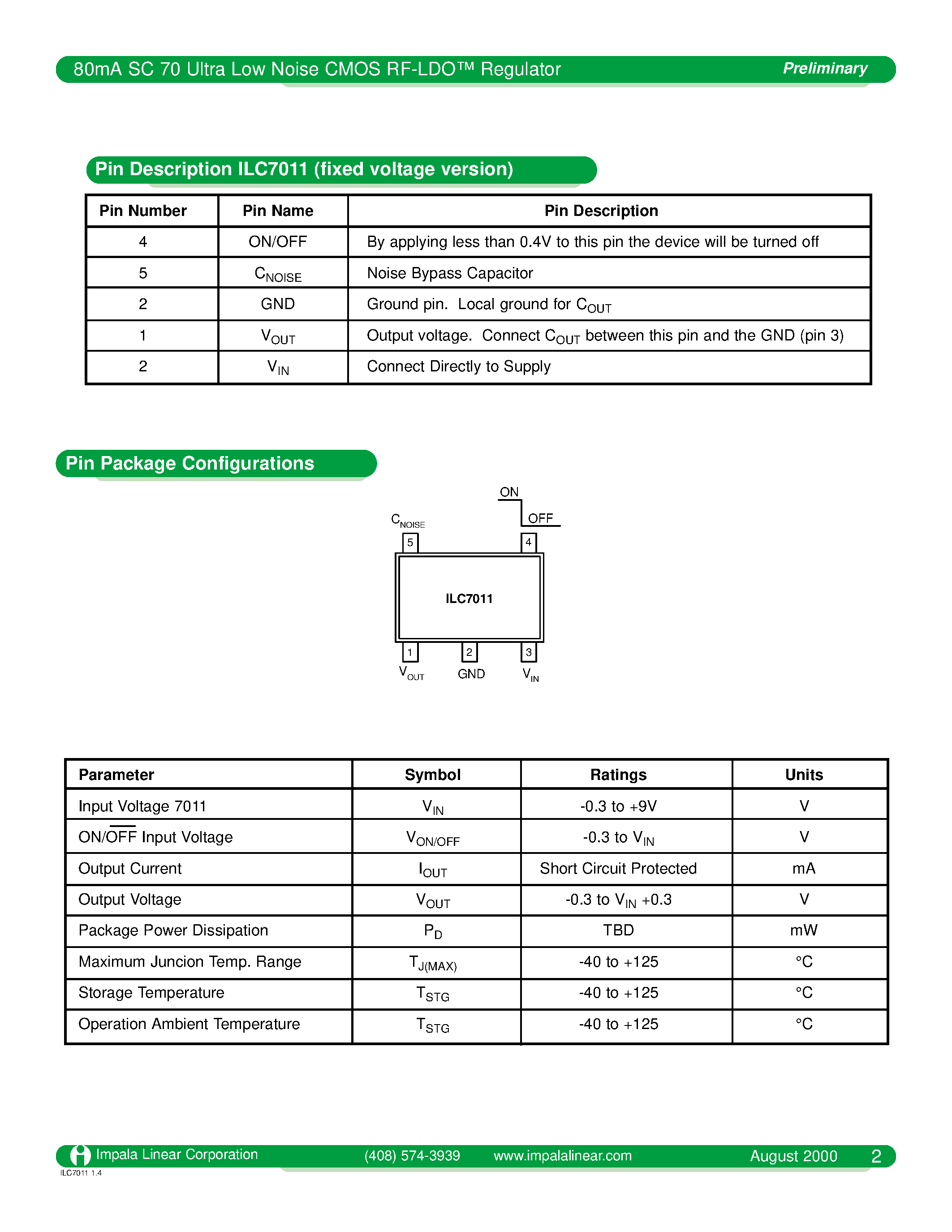 Datasheet ILC7011 - 80mA SC70 Ultra Low Noise CMOS RF-LDO Regulator page 2