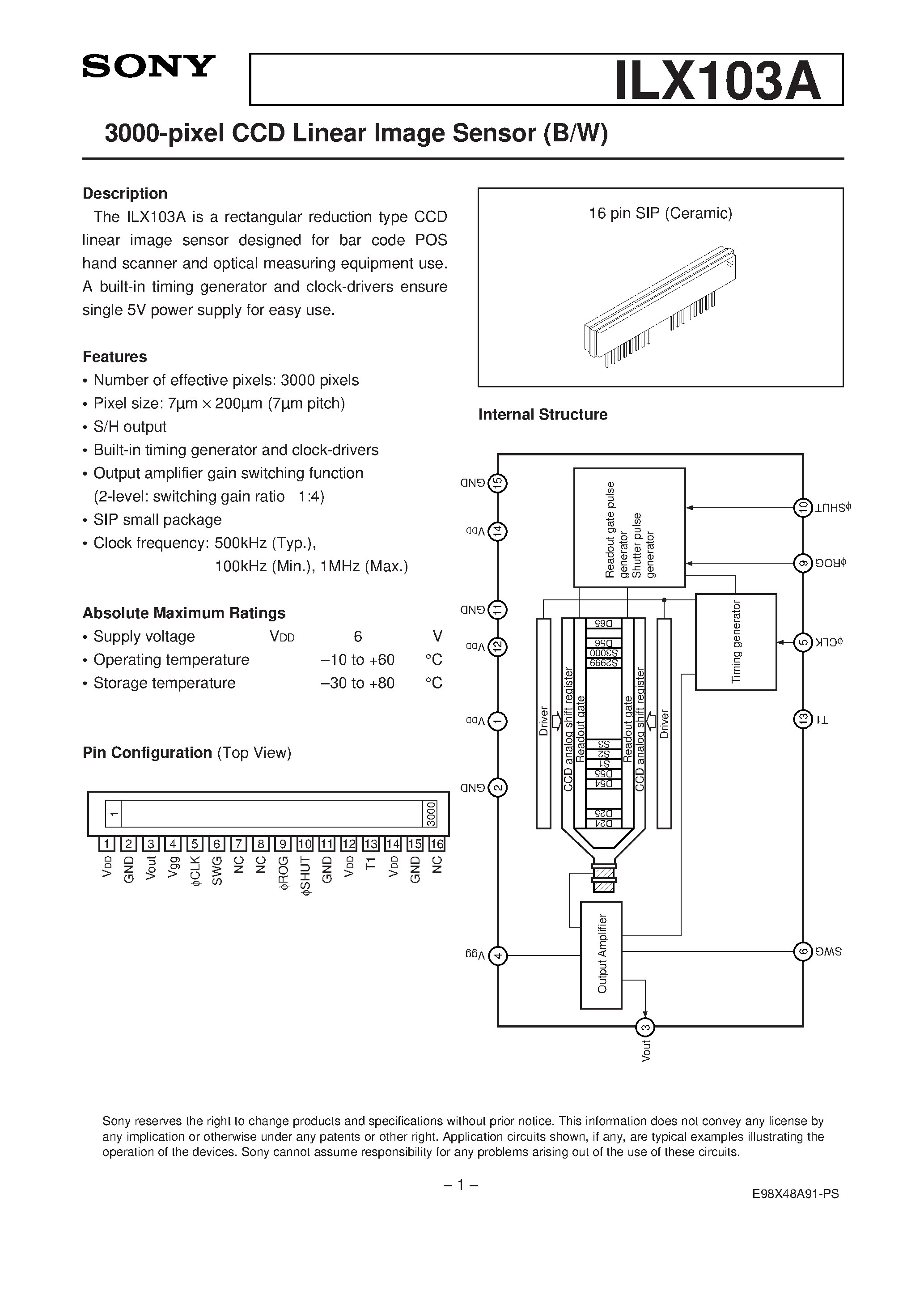 Datasheet ILX103A - 3000-pixel CCD Linear Image Sensor (B/W) page 1