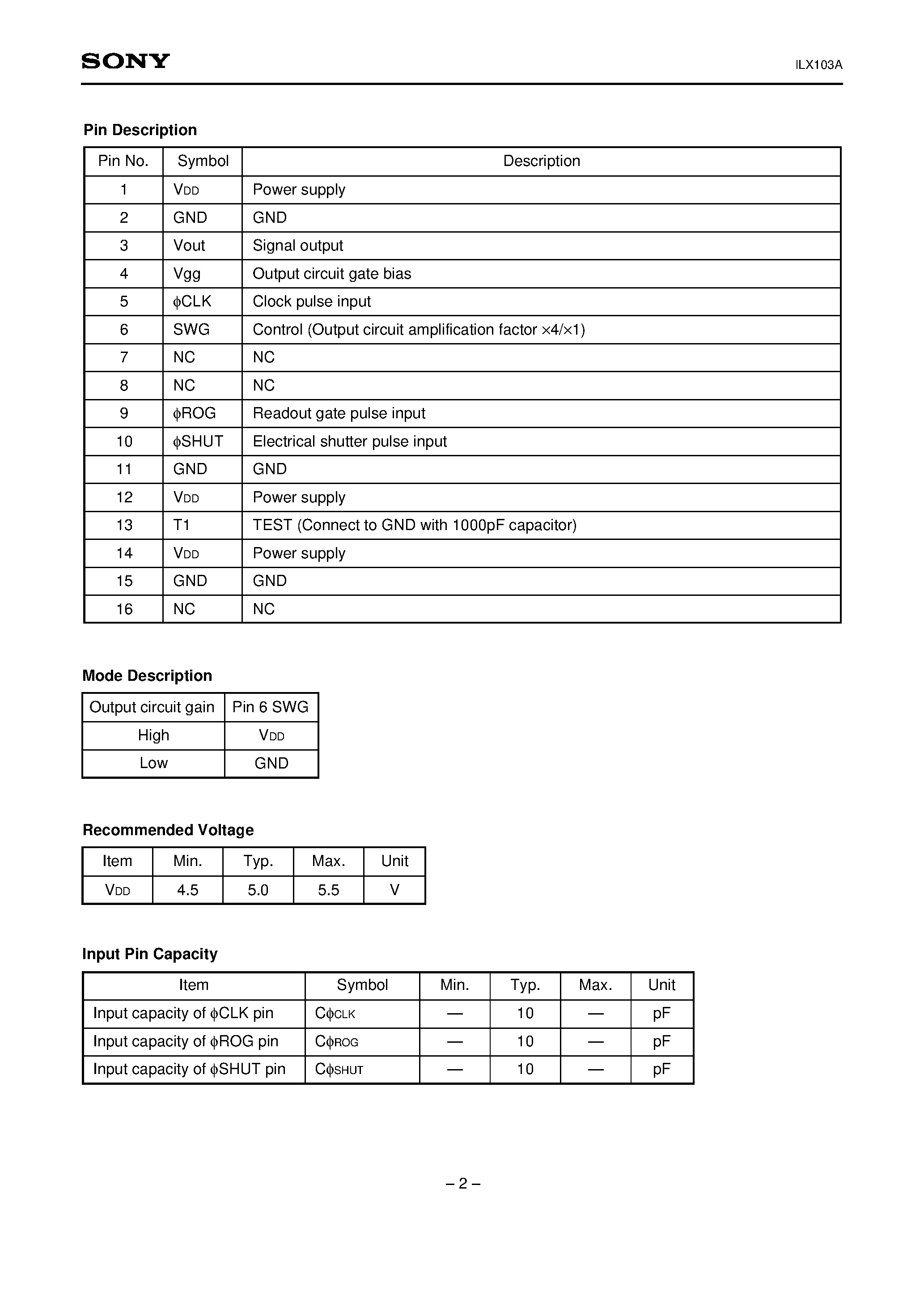 Datasheet ILX103A - 3000-pixel CCD Linear Image Sensor (B/W) page 2