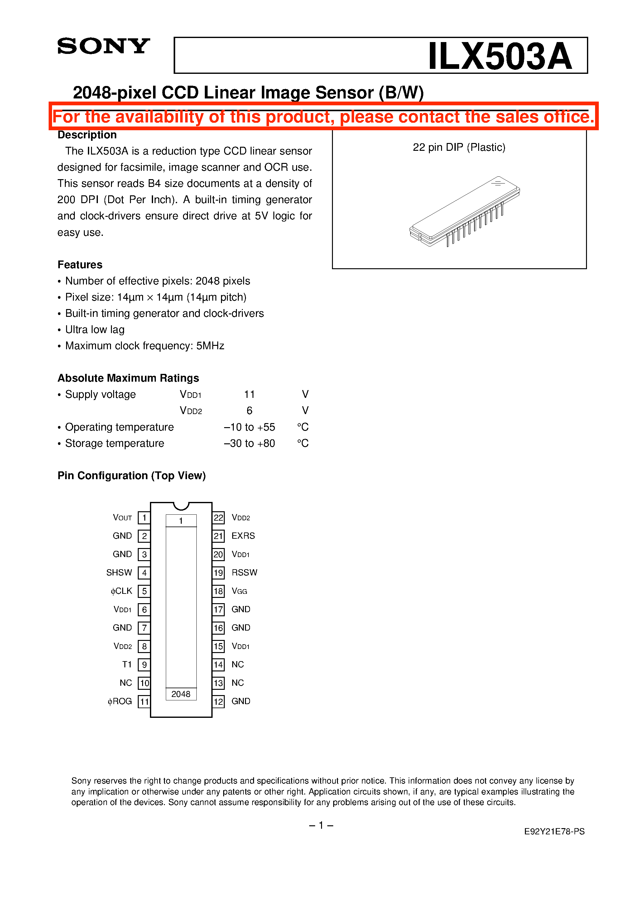 Datasheet ILX503 - 2048-pixel CCD Linear Image Sensor (B/W) page 1