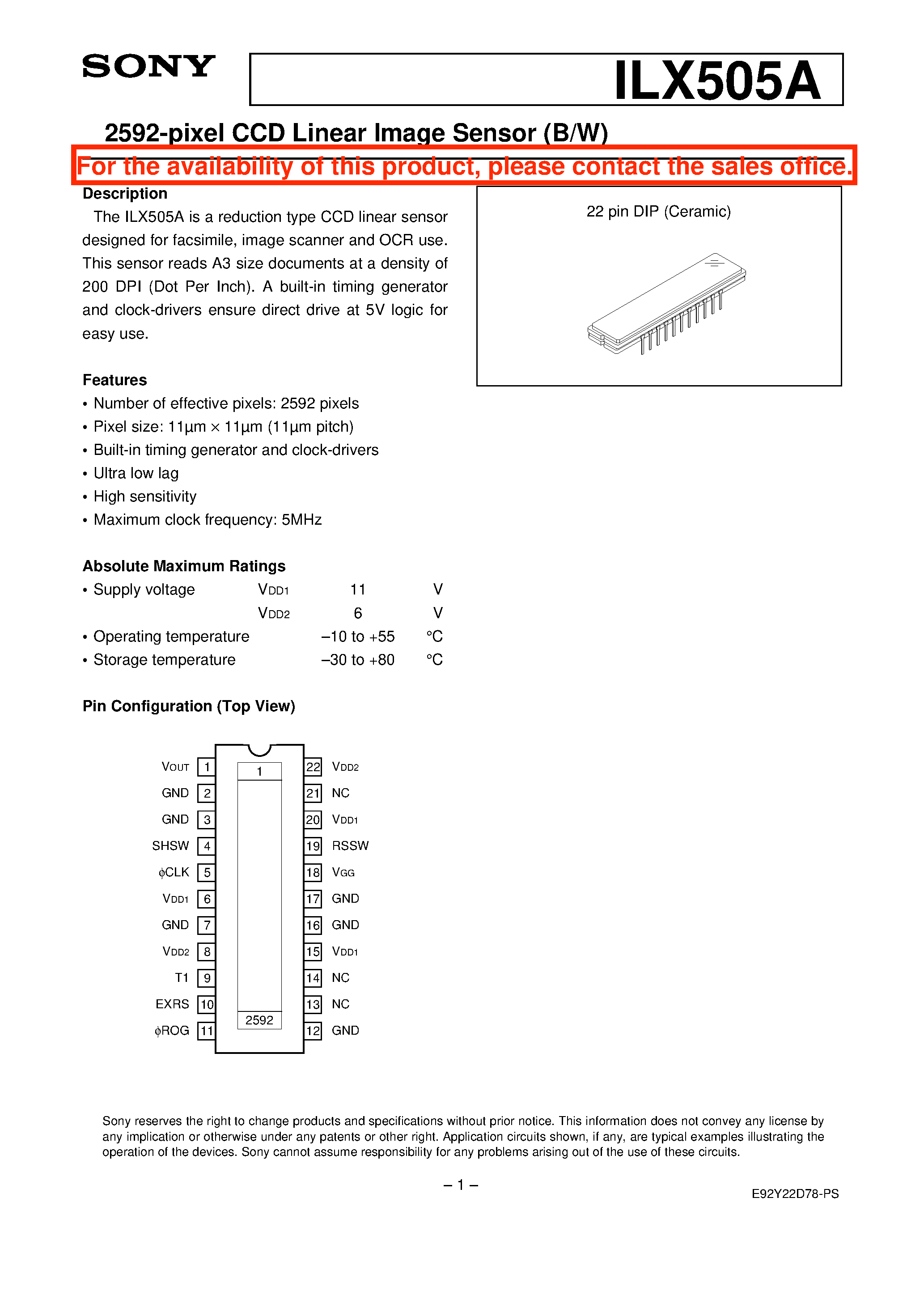 Datasheet ILX505A - 2592-pixel CCD Linear Image Sensor (B/W) page 1