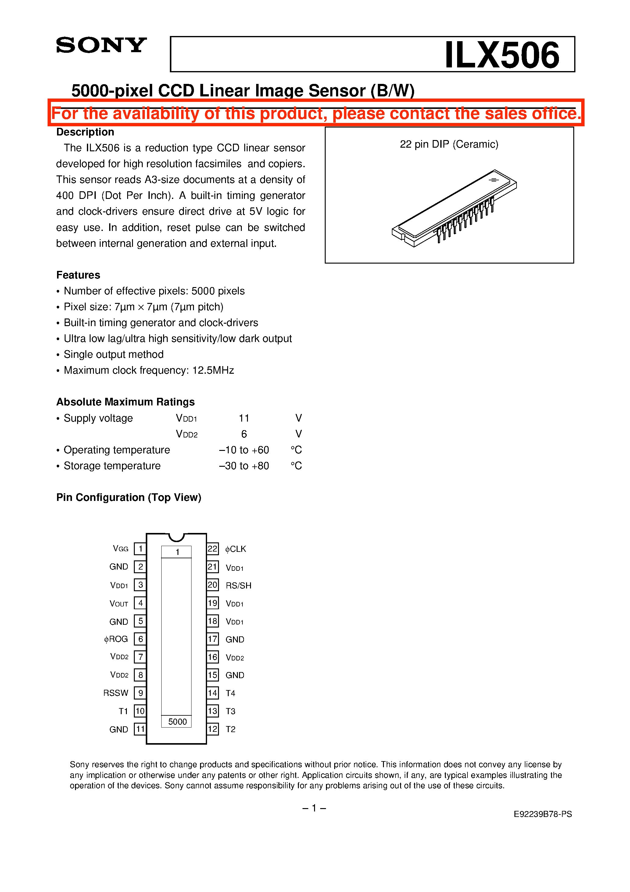 Datasheet ILX506 - 5000-pixel CCD Linear Image Sensor (B/W) page 1