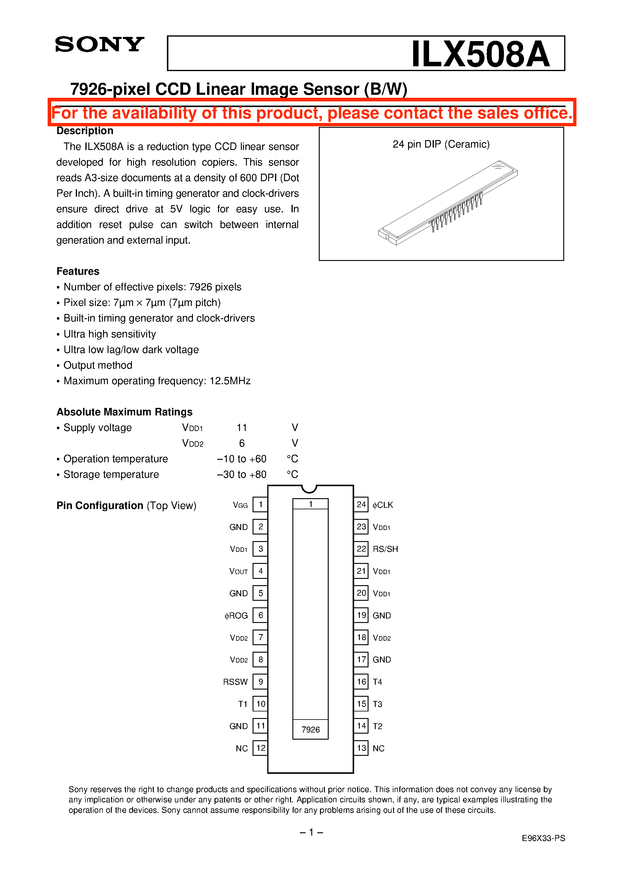 Datasheet ILX508A - 7926-pixel CCD Linear Image Sensor (B/W) page 1