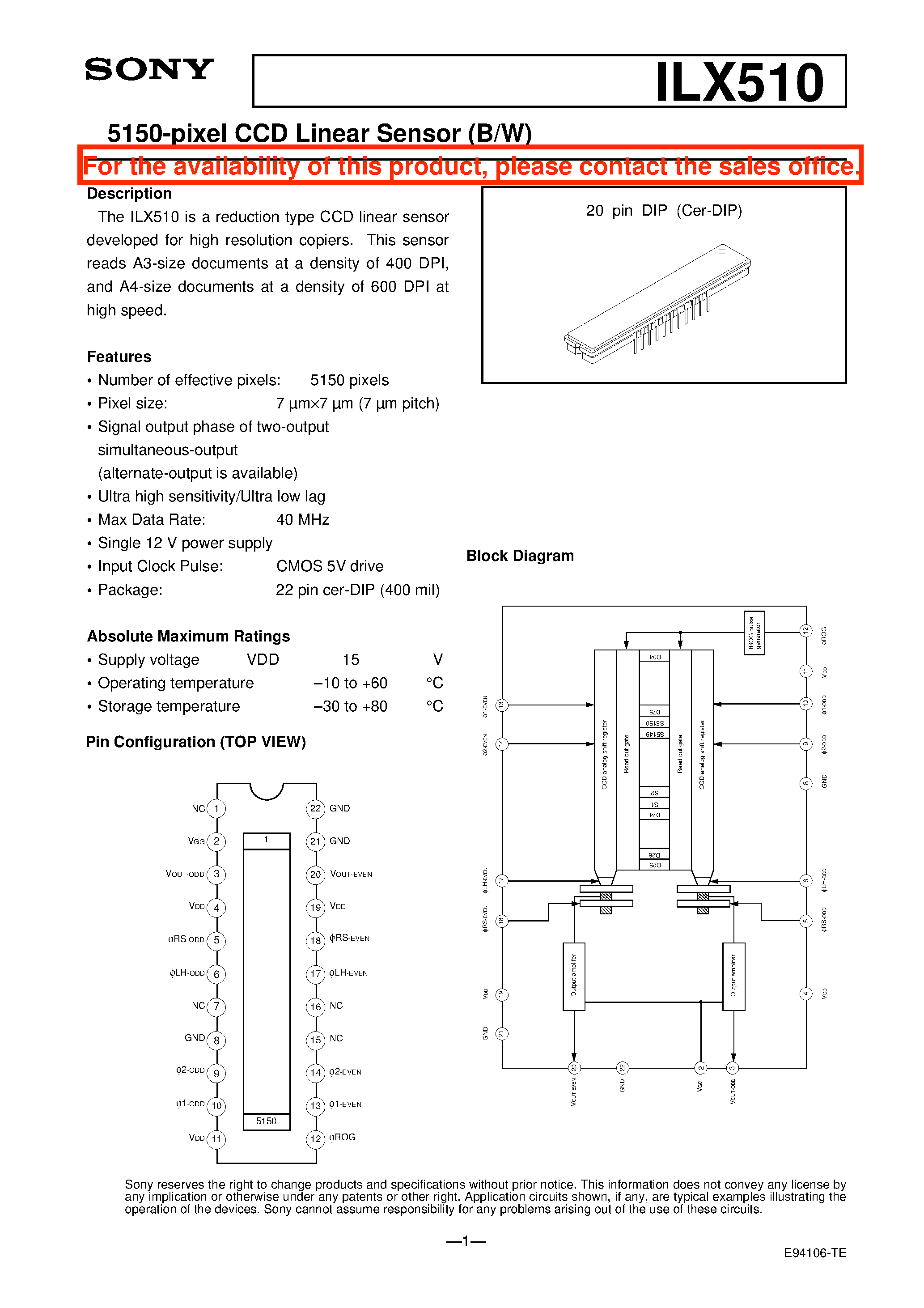 Datasheet ILX510 - 5150-pixel CCD Linear Sensor (B/W) page 1