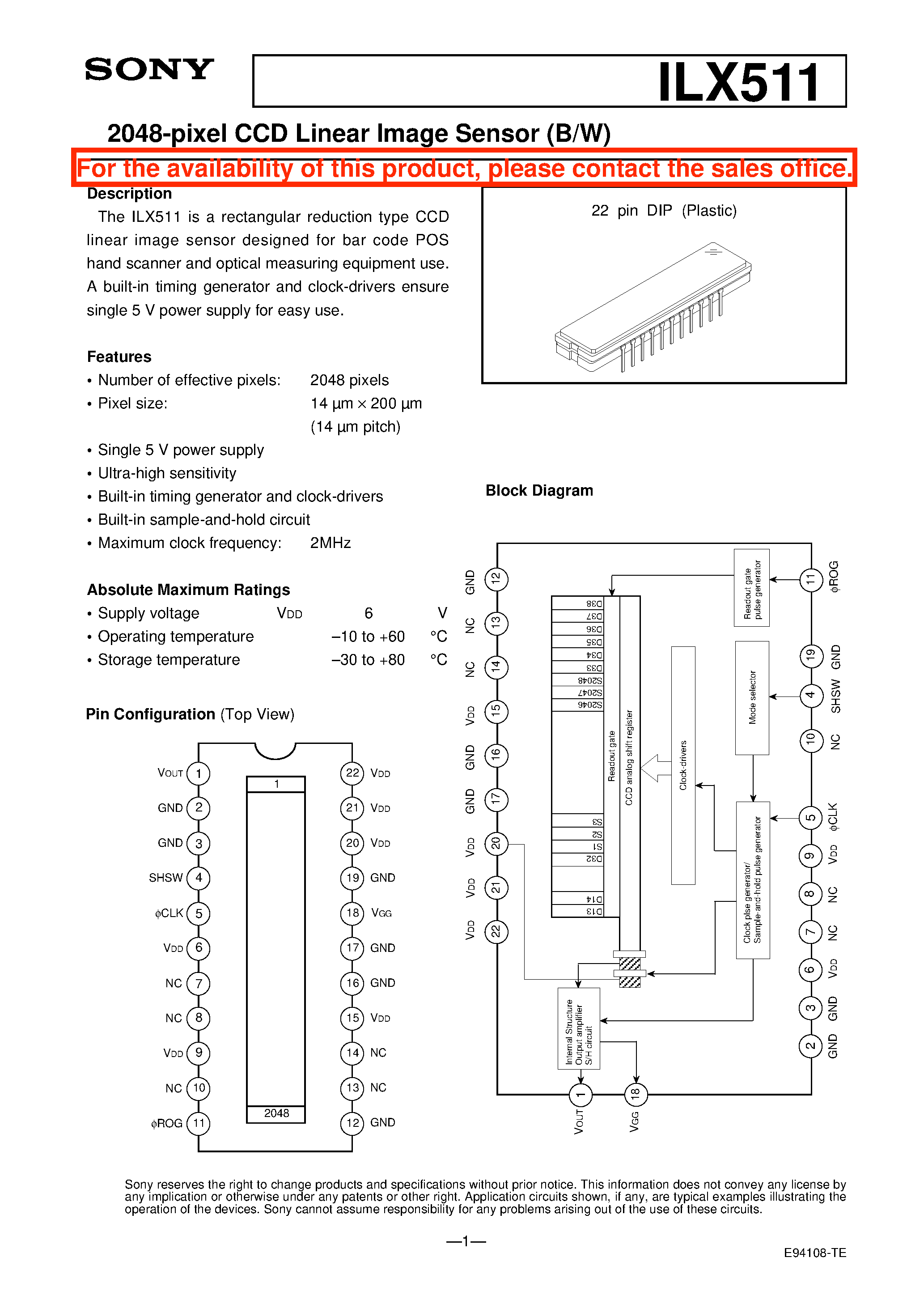 Datasheet ILX511 - 2048-pixel CCD Linear Image Sensor (B/W) page 1