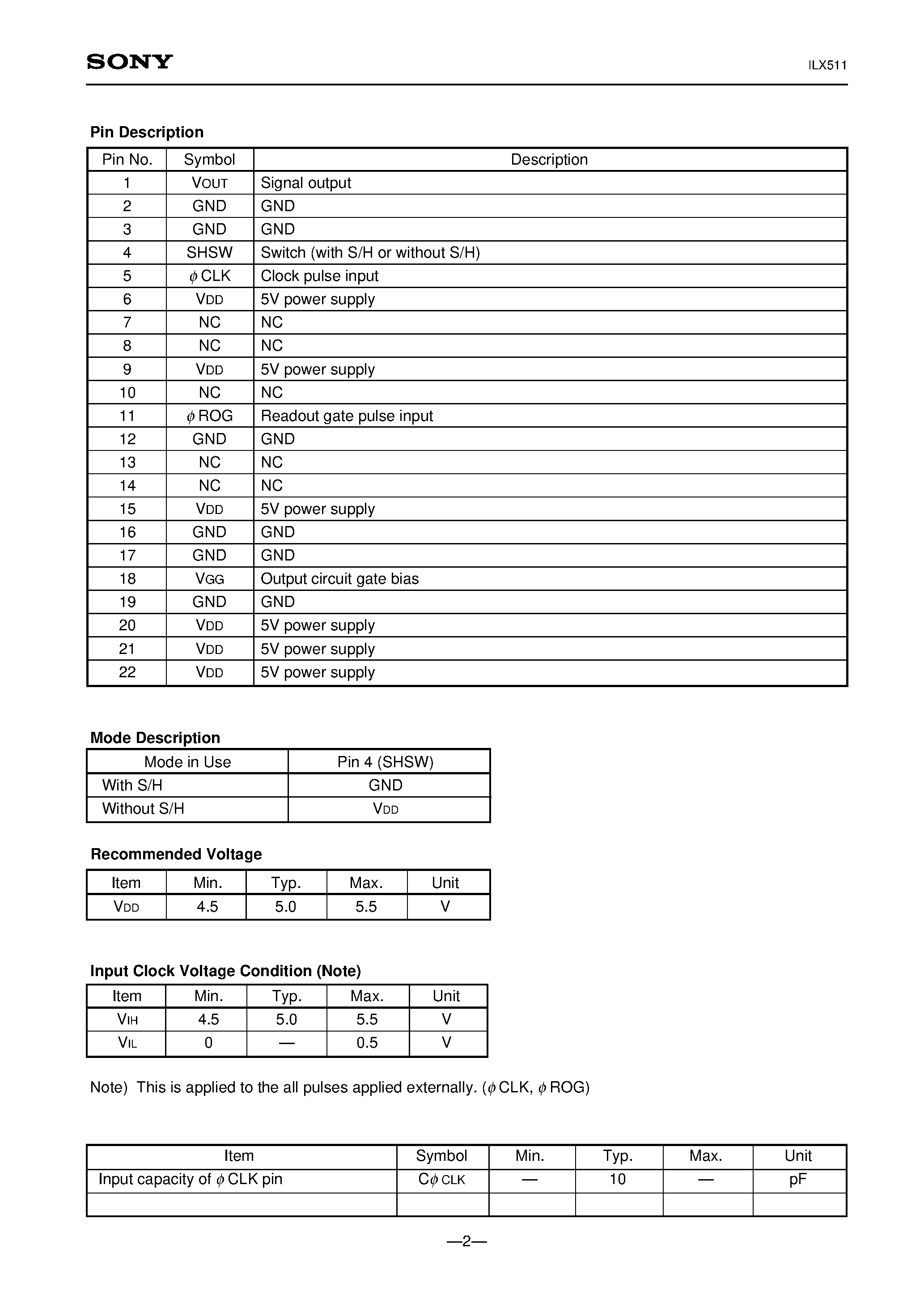 Datasheet ILX511 - 2048-pixel CCD Linear Image Sensor (B/W) page 2