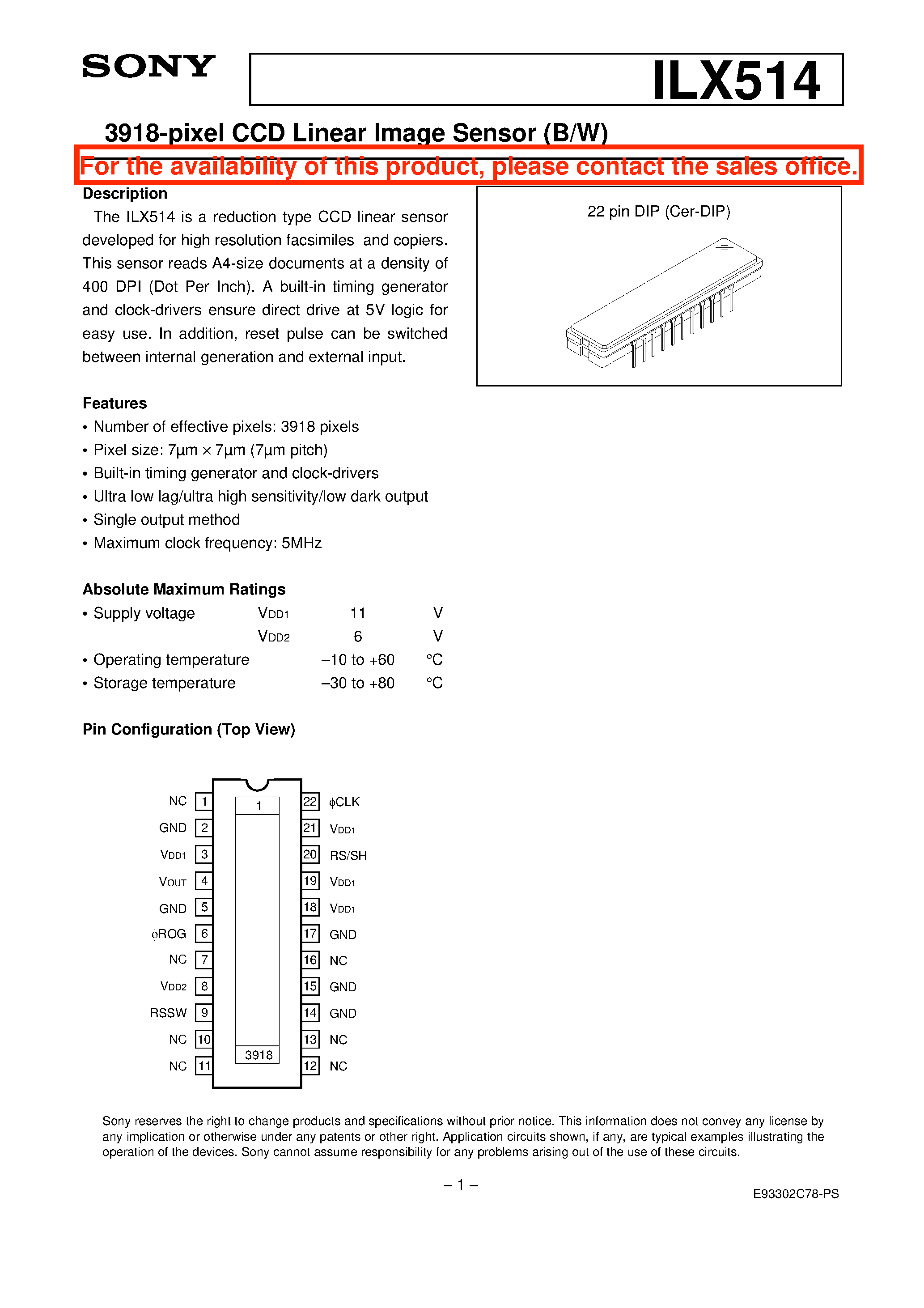 Datasheet ILX514 - 3918-pixel CCD Linear Image Sensor (B/W) page 1