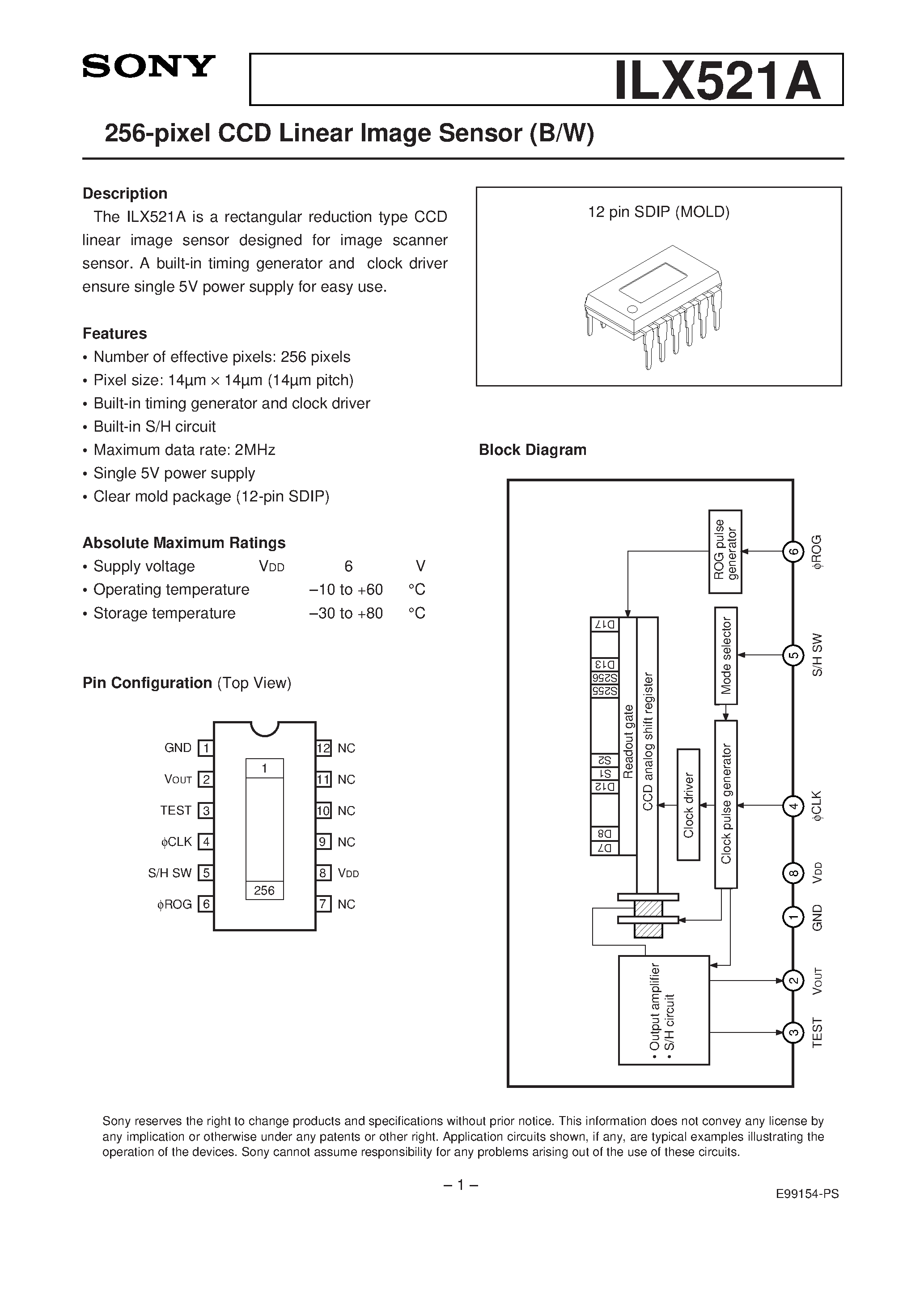 Datasheet ILX521 - 256-pixel CCD Linear Image Sensor (B/W) page 1