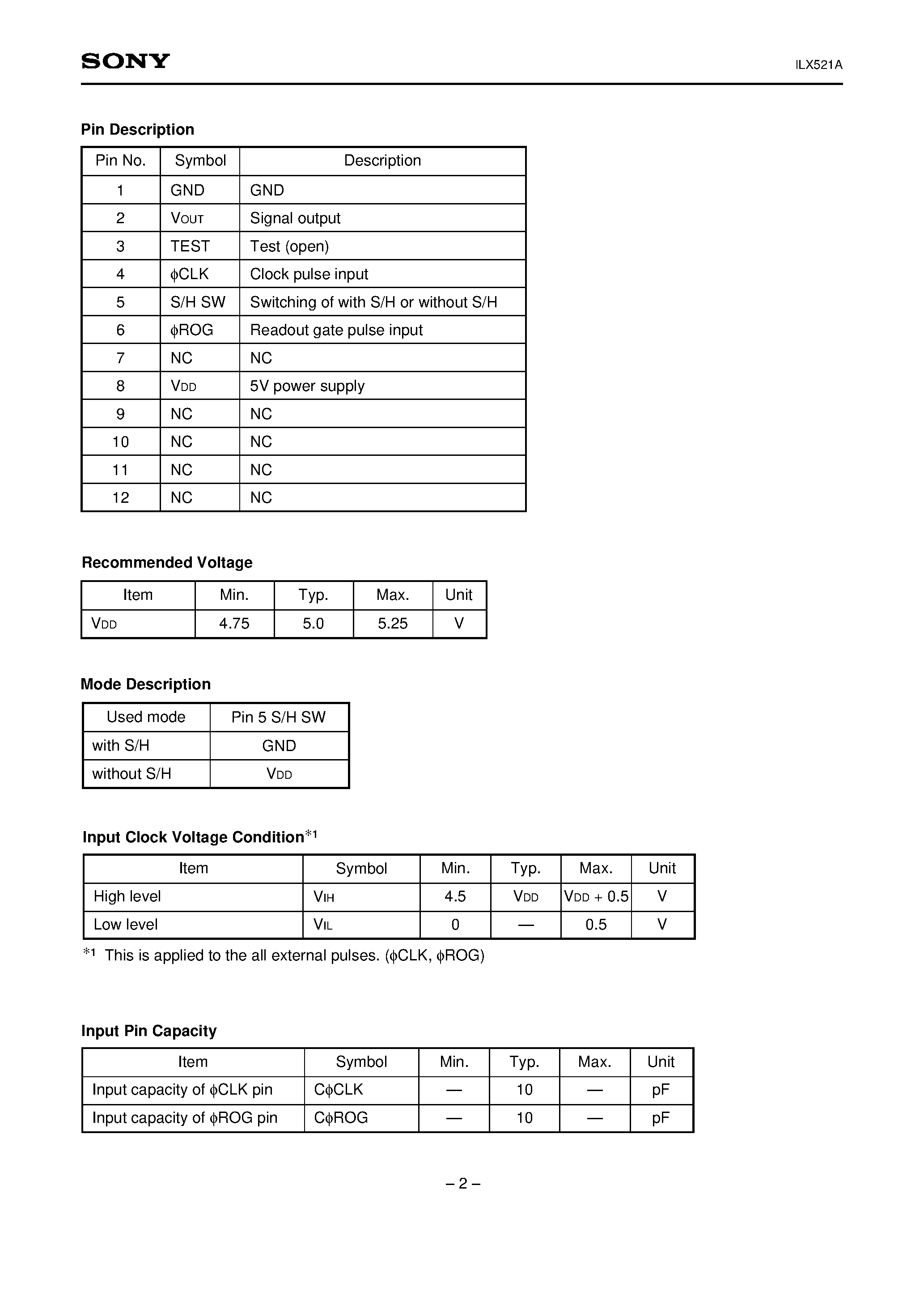 Datasheet ILX521 - 256-pixel CCD Linear Image Sensor (B/W) page 2