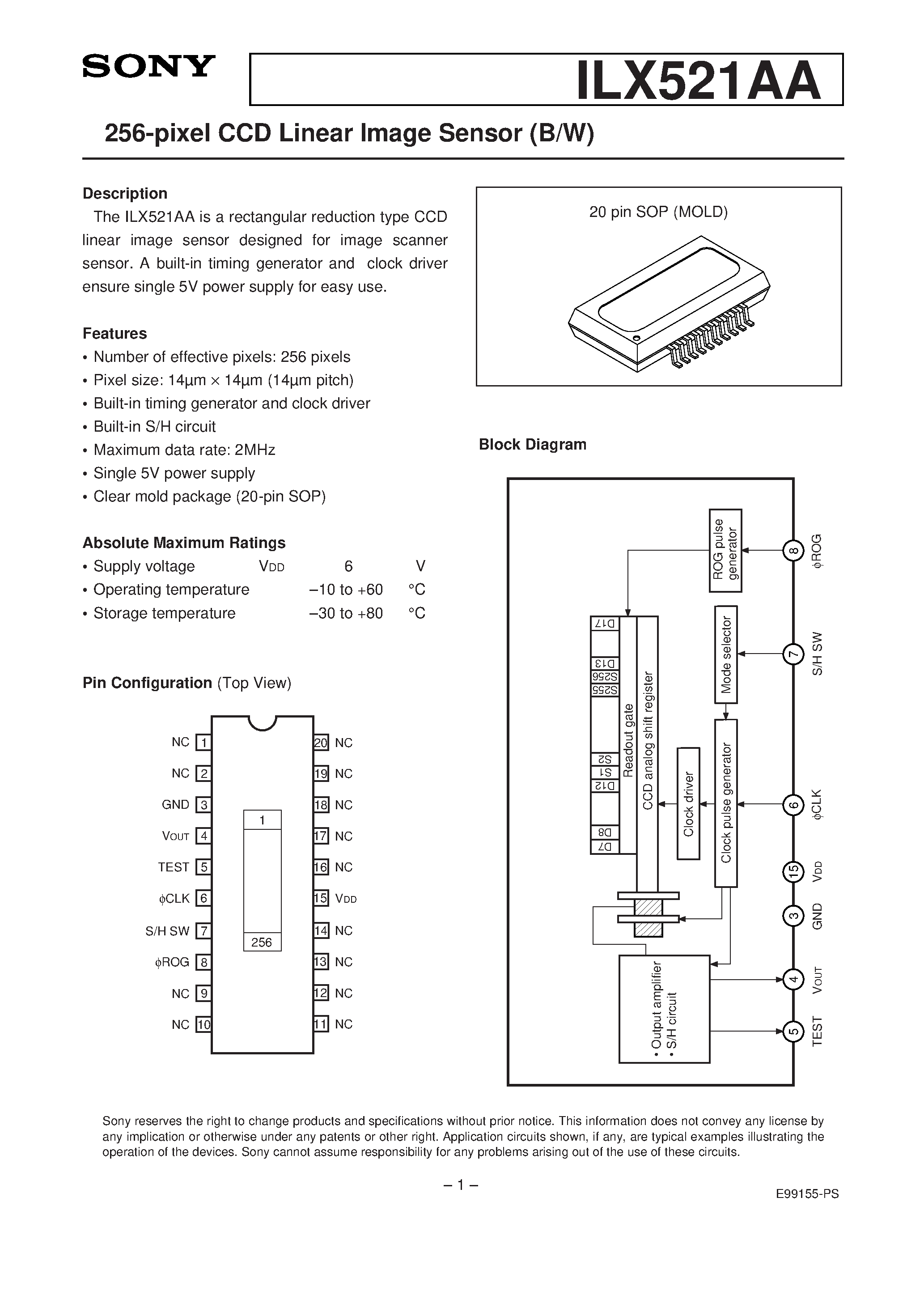 Datasheet ILX521AA - 256-pixel CCD Linear Image Sensor (B/W) page 1