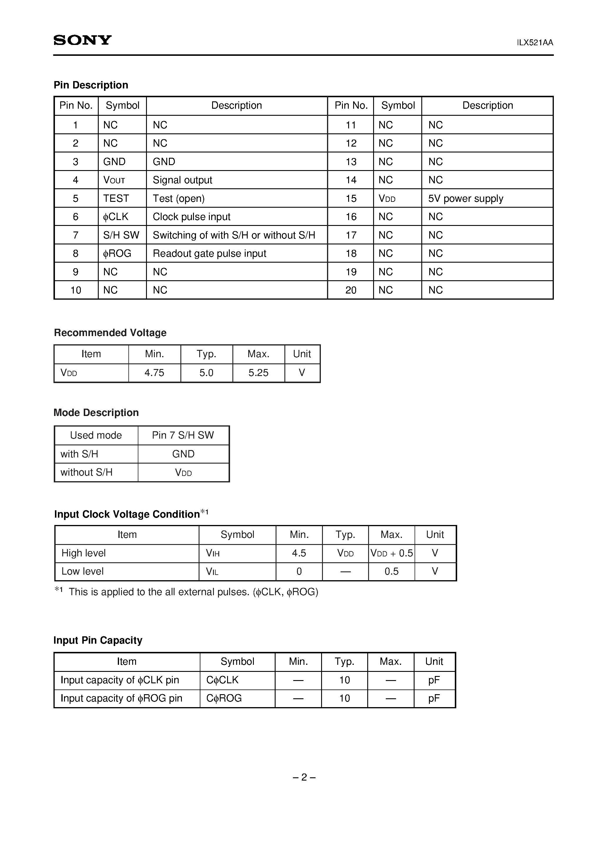 Datasheet ILX521AA - 256-pixel CCD Linear Image Sensor (B/W) page 2