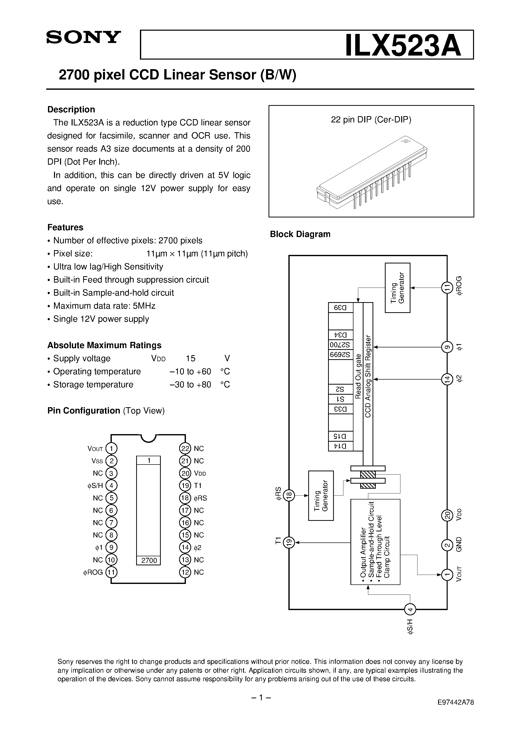 Datasheet ILX523A - 2700 pixel CCD Linear Sensor (B/W) page 1