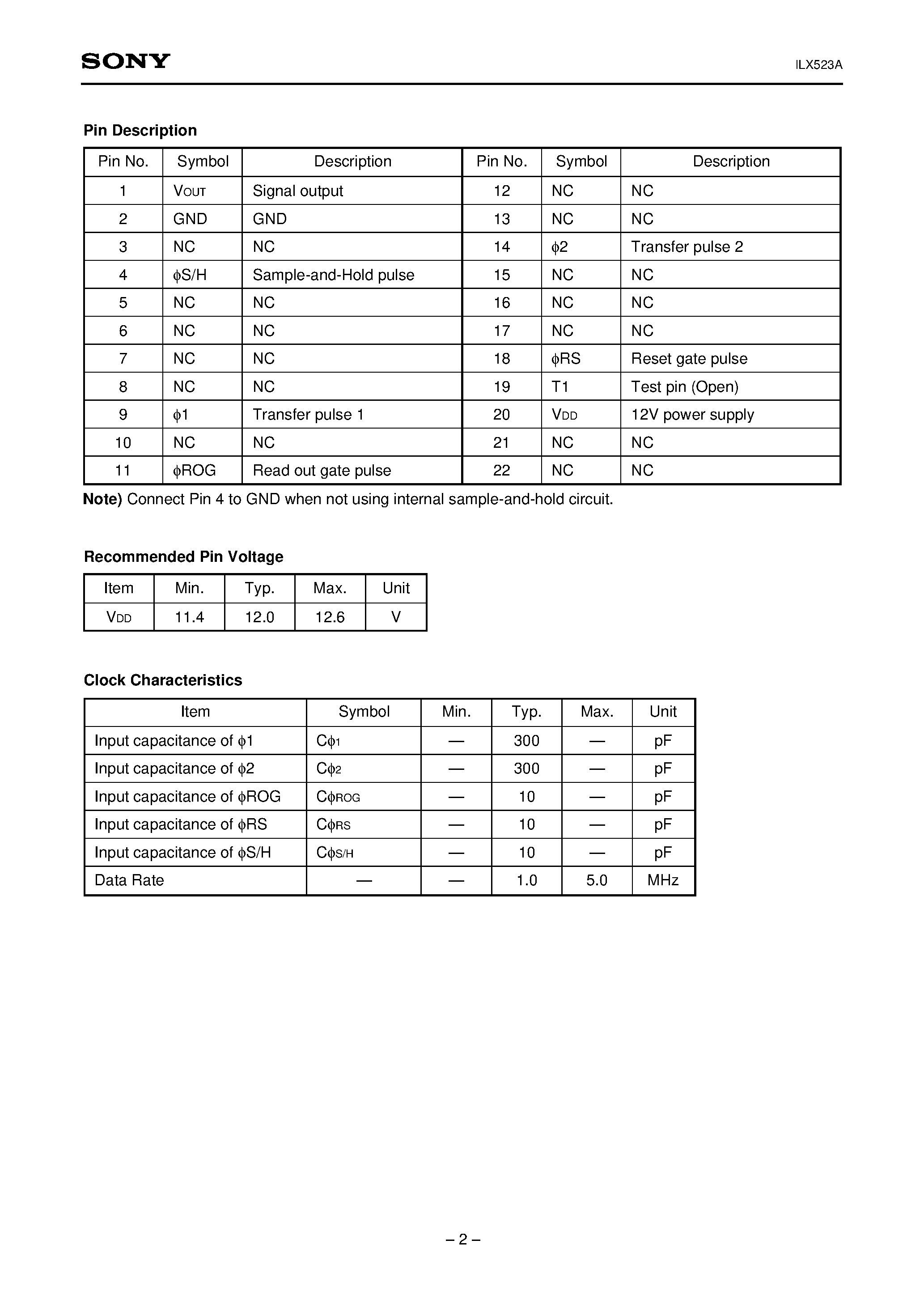 Datasheet ILX523A - 2700 pixel CCD Linear Sensor (B/W) page 2