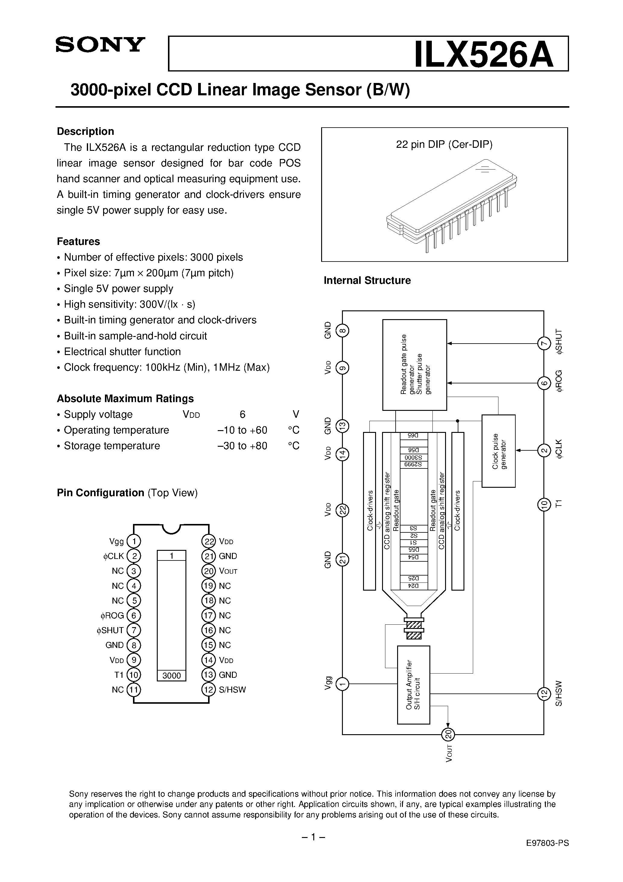 Datasheet ILX526A - 3000-pixel CCD Linear Image Sensor (B/W) page 1