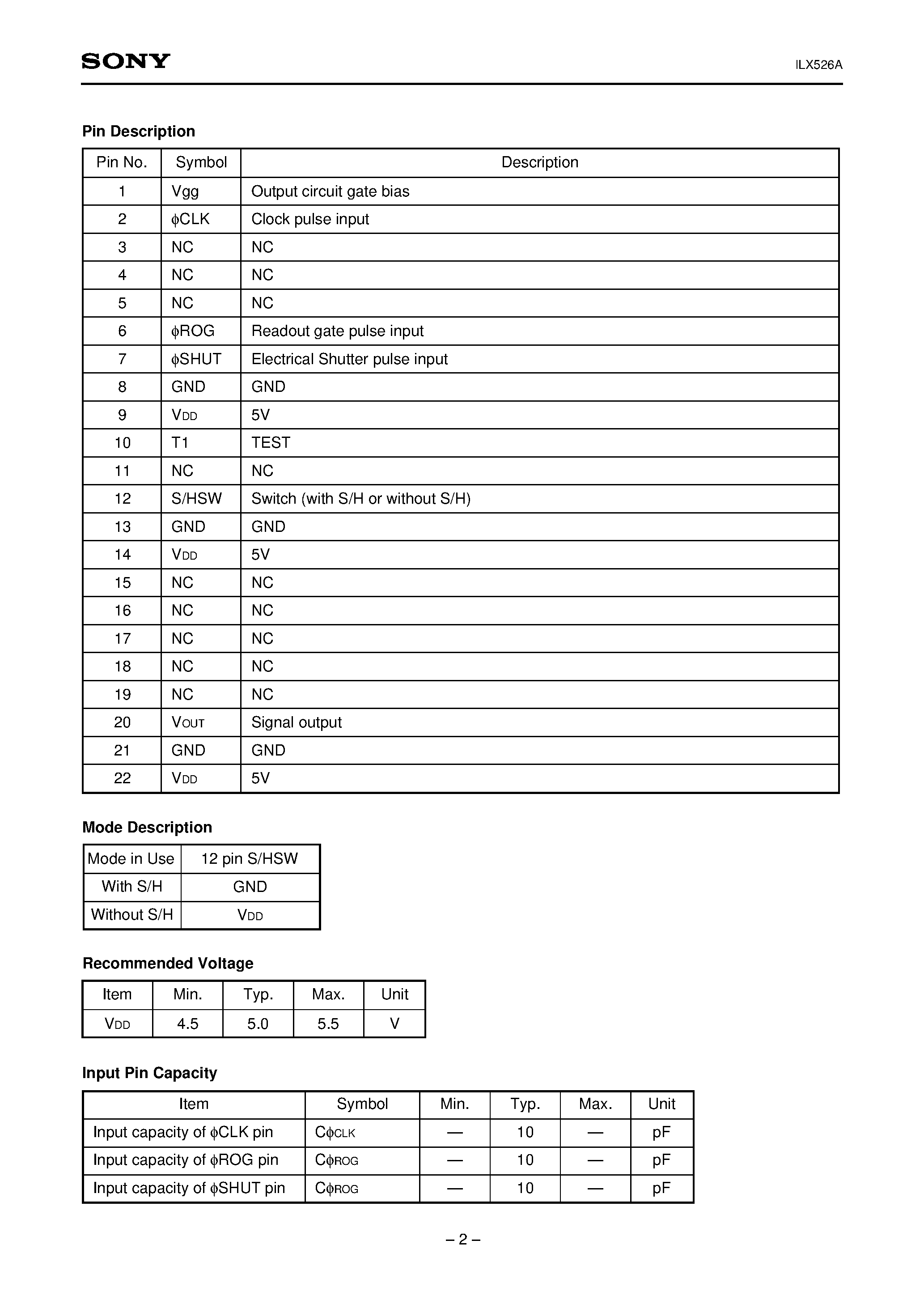 Datasheet ILX526A - 3000-pixel CCD Linear Image Sensor (B/W) page 2