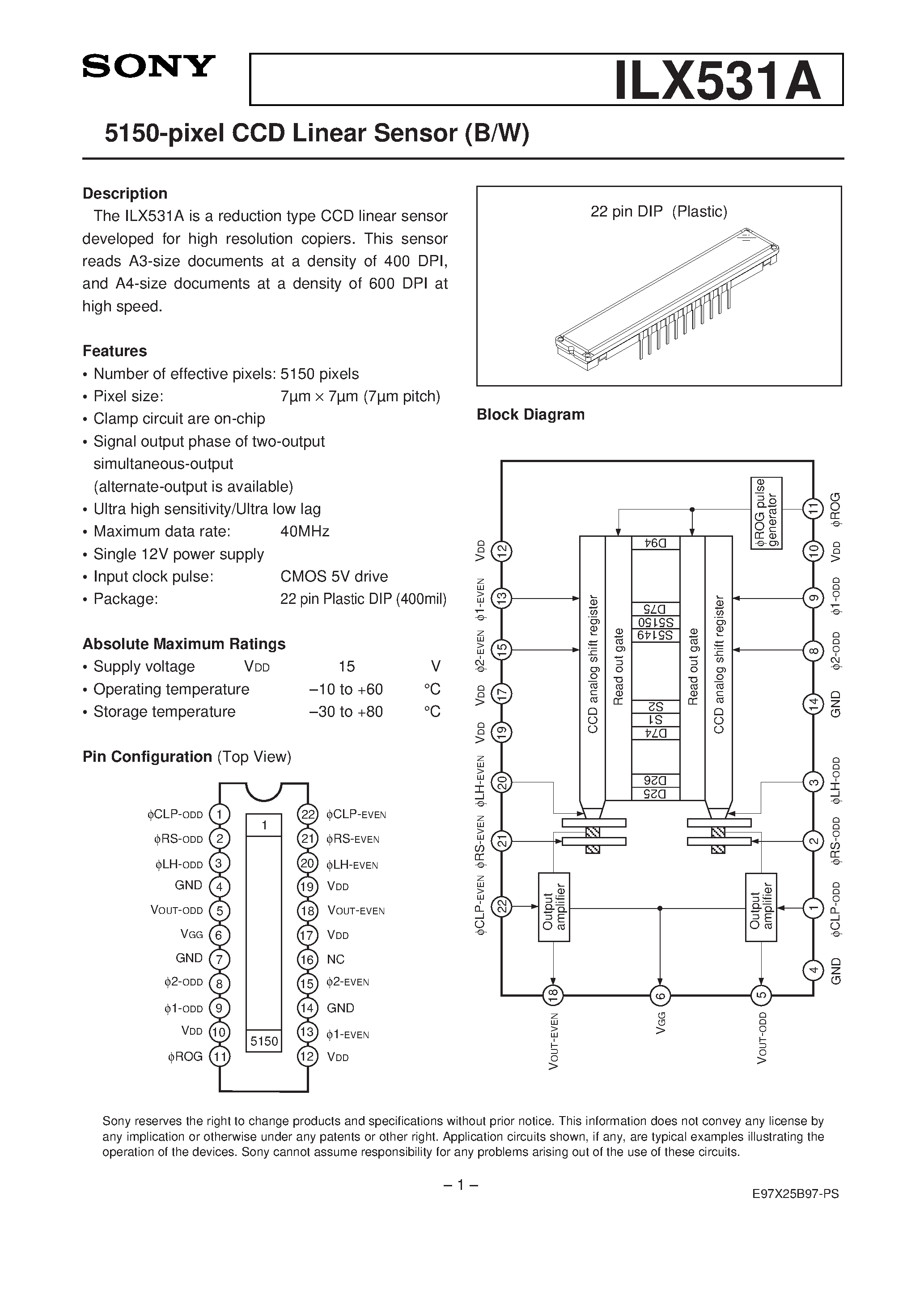 Datasheet ILX531A - 5150-pixel CCD Linear Sensor (B/W) page 1